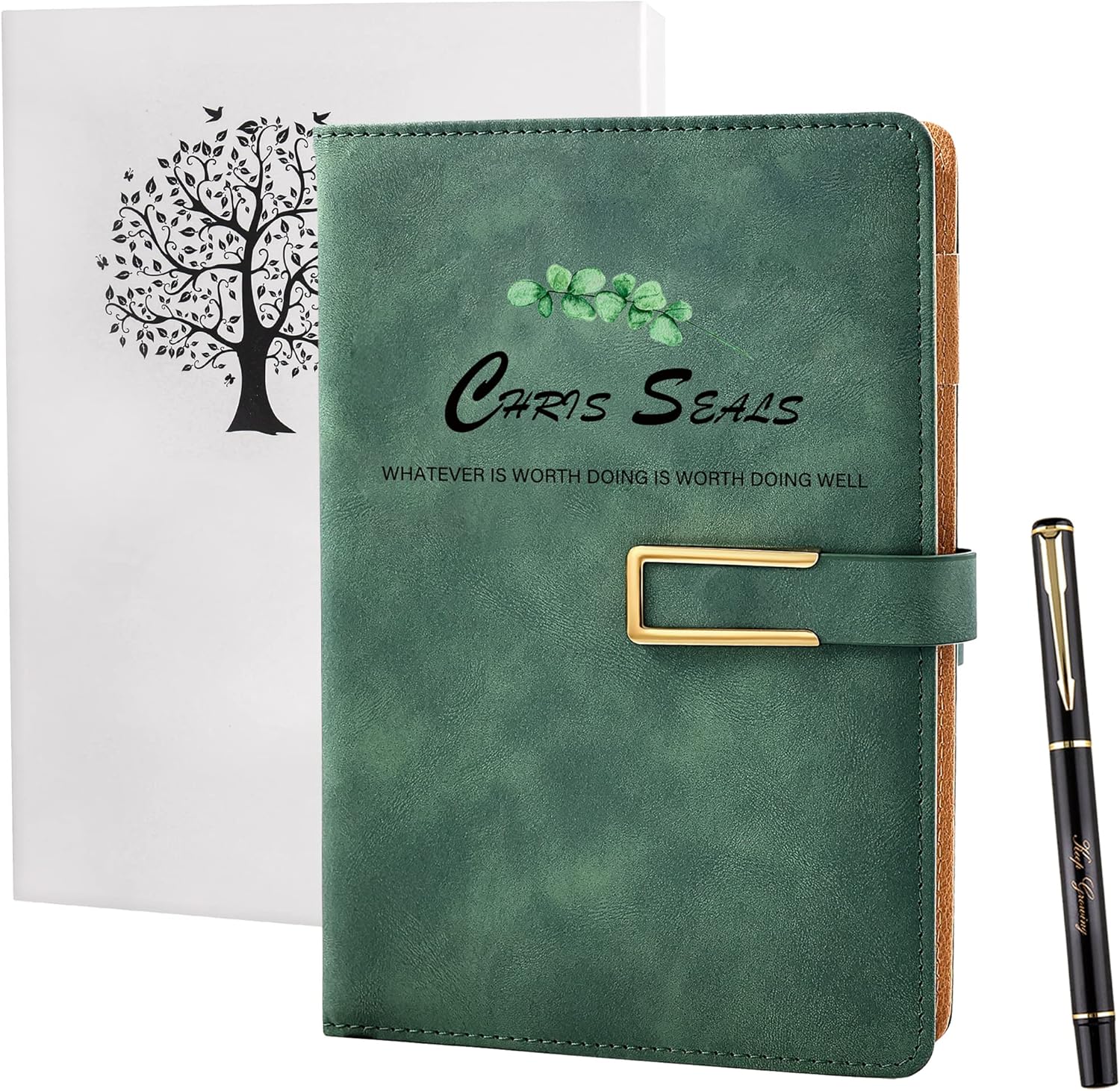 Fanery Sue Personalized Journal A5 for Women & Men – Custom Leather Notebook, Refillable with Magnetic Buckle & Name Engraved, Faux Leather Hardcover (Green-Leaf)