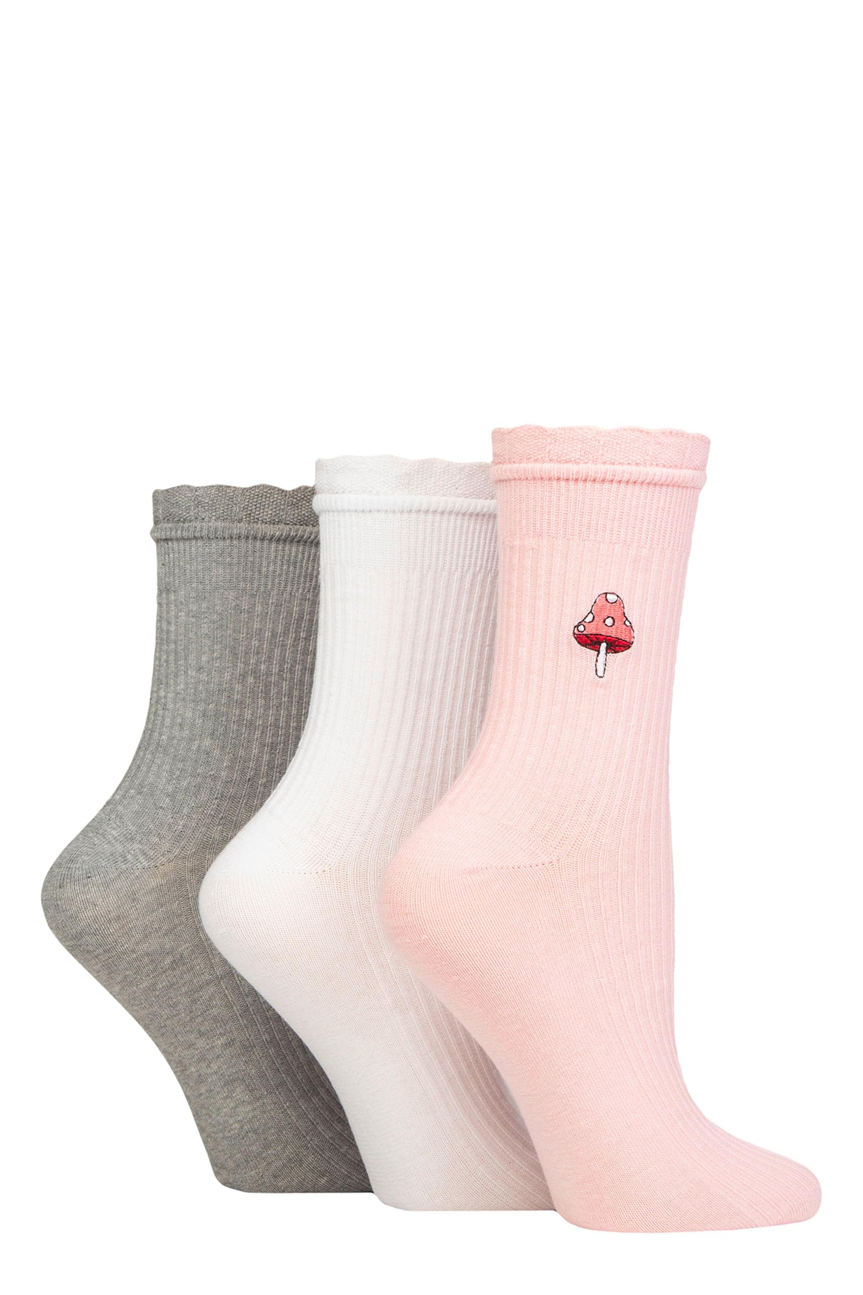SockShop Wildfeet Ladies Embroidered Socks - Mid Length Frill Top Embroidered Cotton Socks 3 Pair Multipack Size 4-8 (4-8, Mushroom)