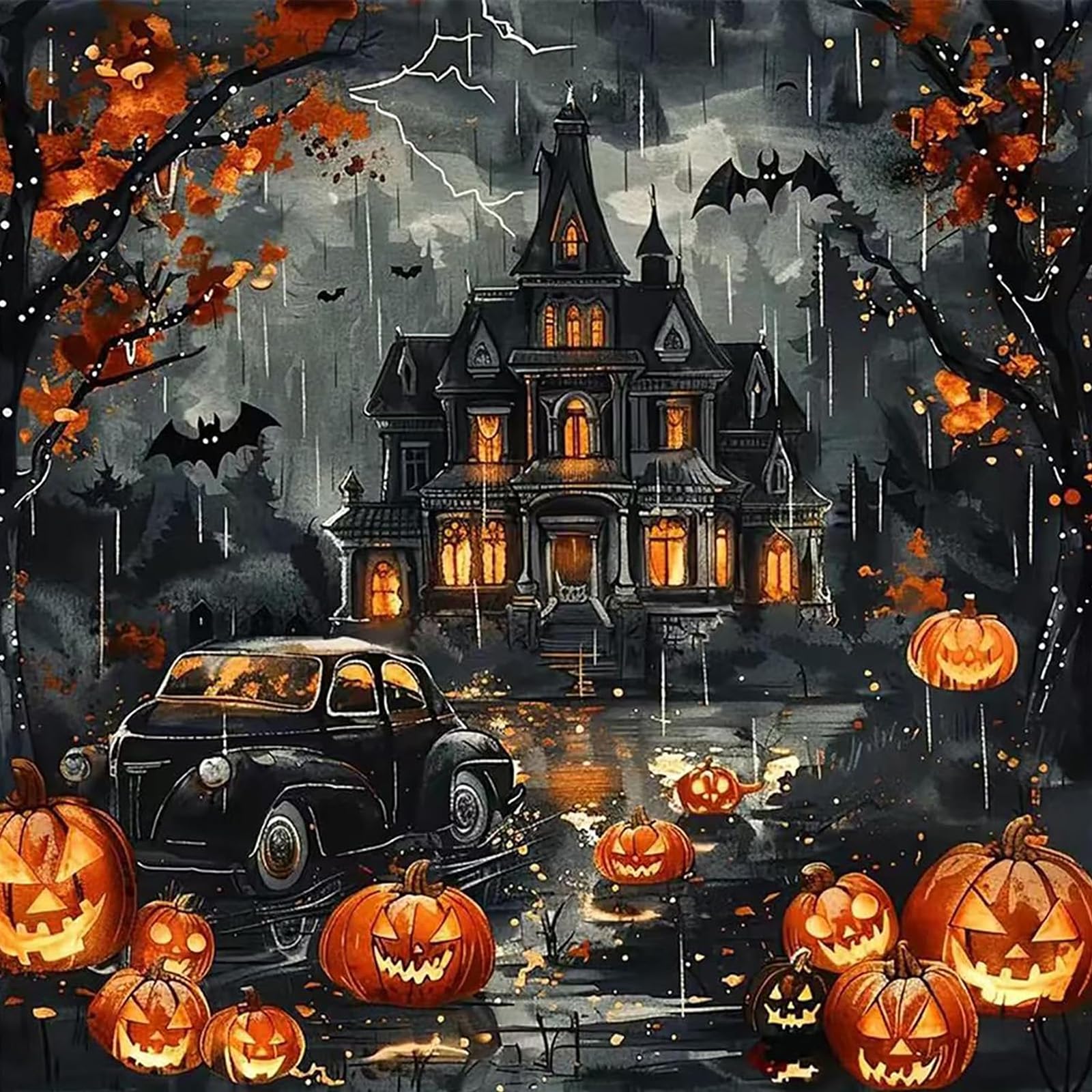 Jawecci 5D Diamond Painting Kits for Adults Kids, Halloween Diamond Art, DIY Full Drill Round Castle and Pumpkin Diamond Art Kits for Home Wall Decor, 30x30cm/12x12inch