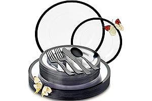 HEAVYWEIGHT 150 Pcs Clear and Black Plastic Plates for Party