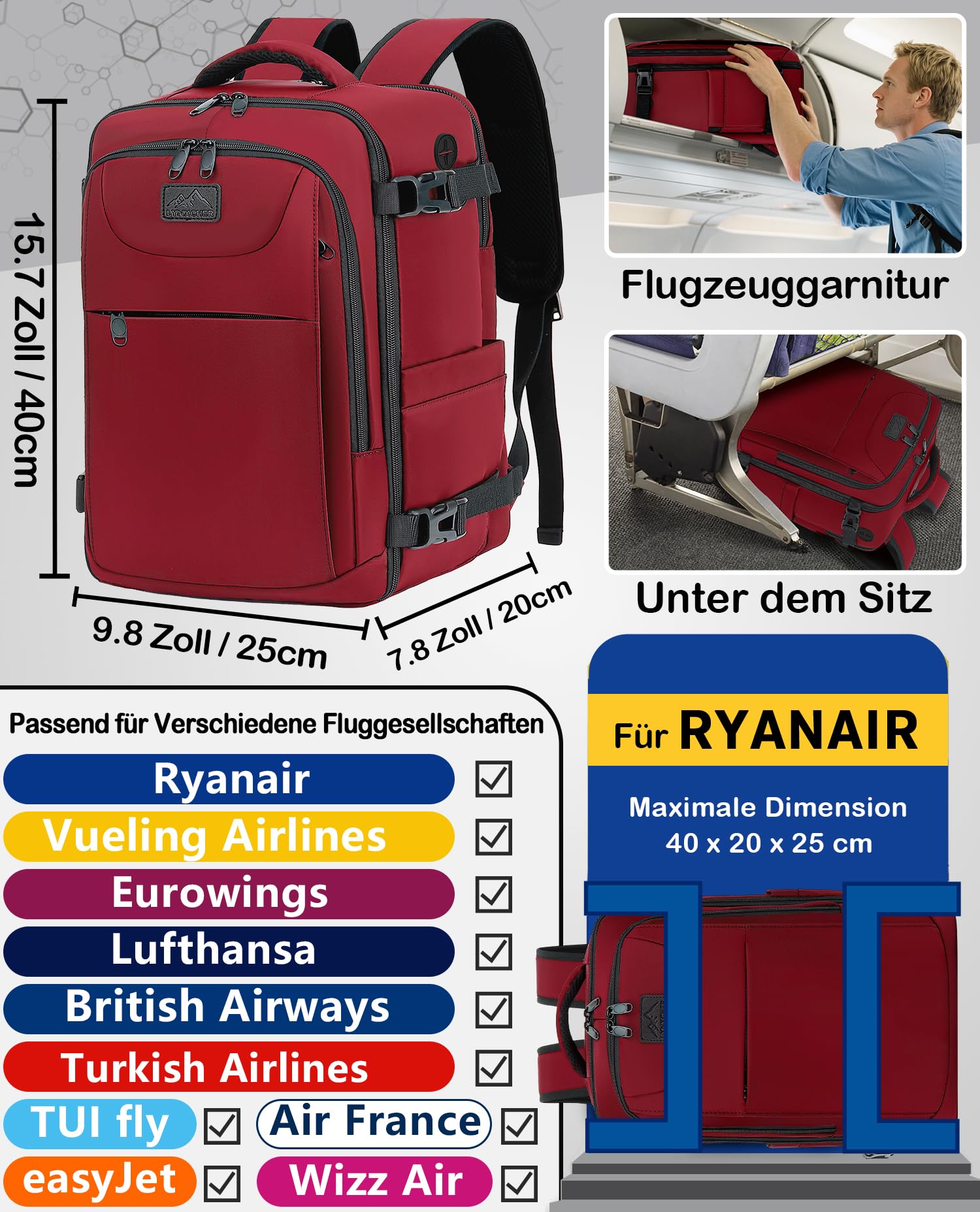 Handgepäck Rucksack 40x20x25 Klein für Ryanair,Travel Rucksack Bag Reiserucksack für Flugzeug Mit 14 Zoll Laptop, Eurowings für Damen Herren Dunkelrot