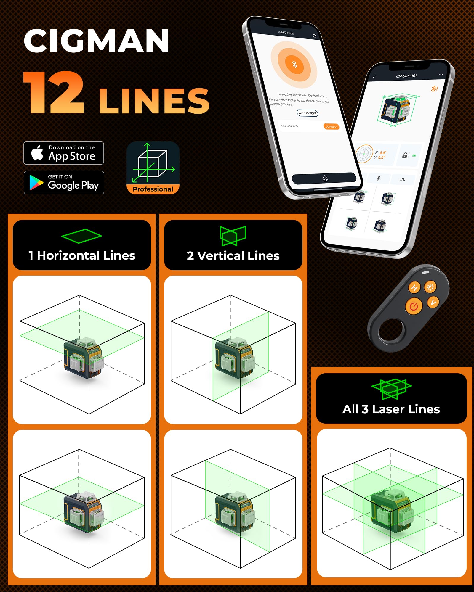 CIGMAN Niveau Laser 360 Autonivelant 3x360°, Laser Vert Chantier avec Grand Écran LCD Latéral, Contrôle APP Bluetooth, Support Magnétique en L, 2 Batteries Li-ion, Laser Niveau