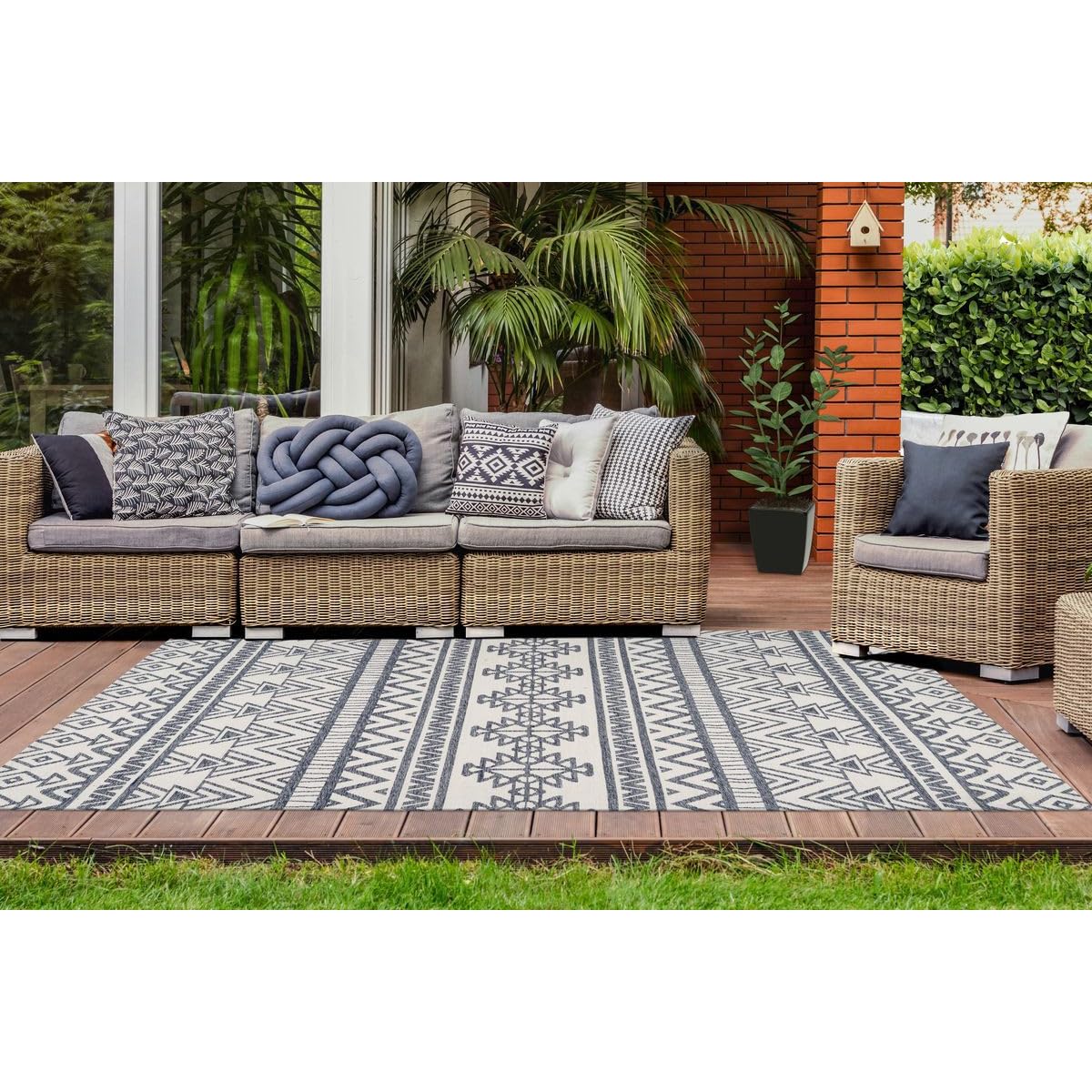 Paris Prix Tapis d'Extérieur Ethnique Yoga Anthracite & Ivoire 80 x 150 cm
