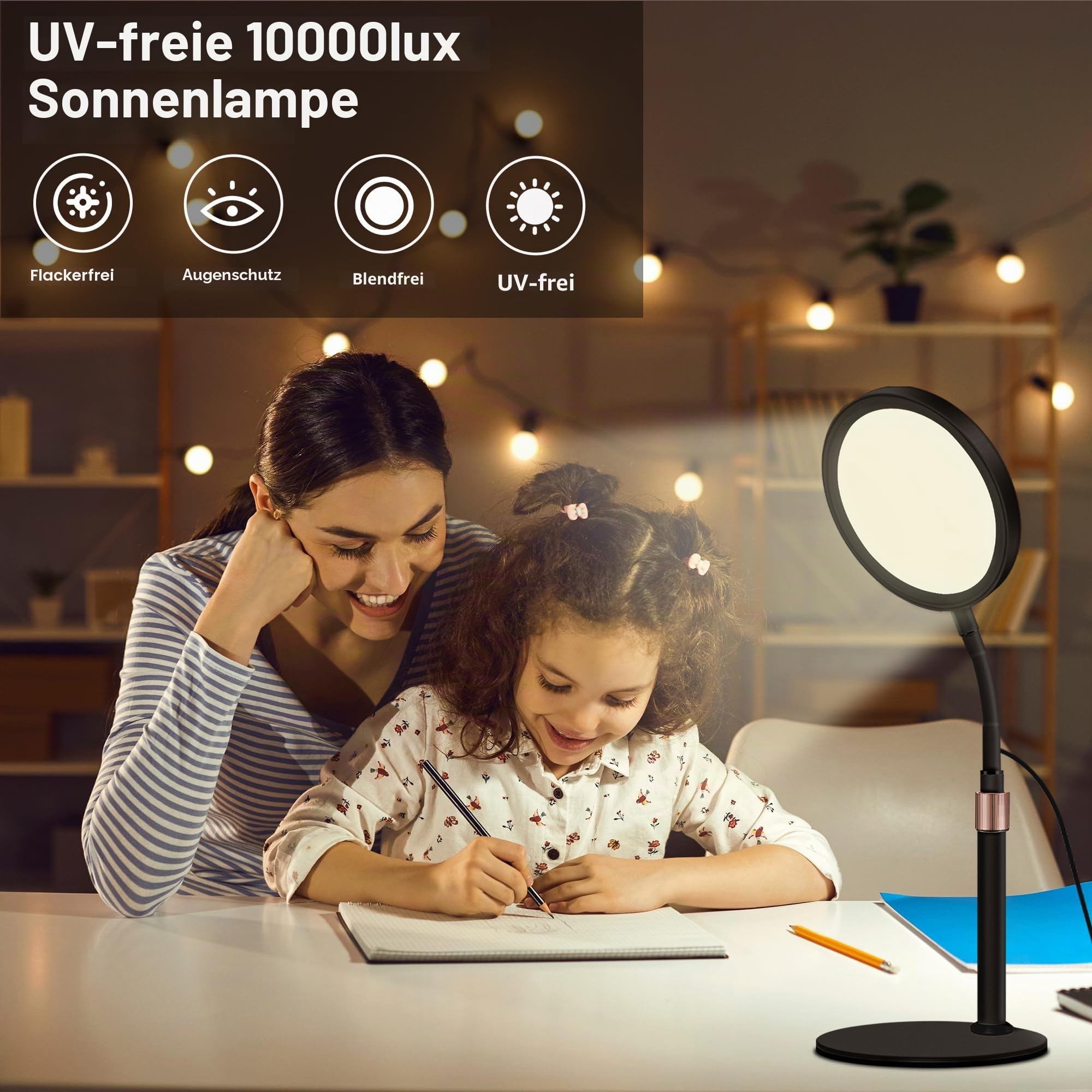 Tageslichtlampe Tageslichtlampen, 10000 Lux Lampe mit 3 Lichtfarben und 9 Einstellbaren Helligkeiten und 3 Timer, Tageslicht Daylight (Schwarz)