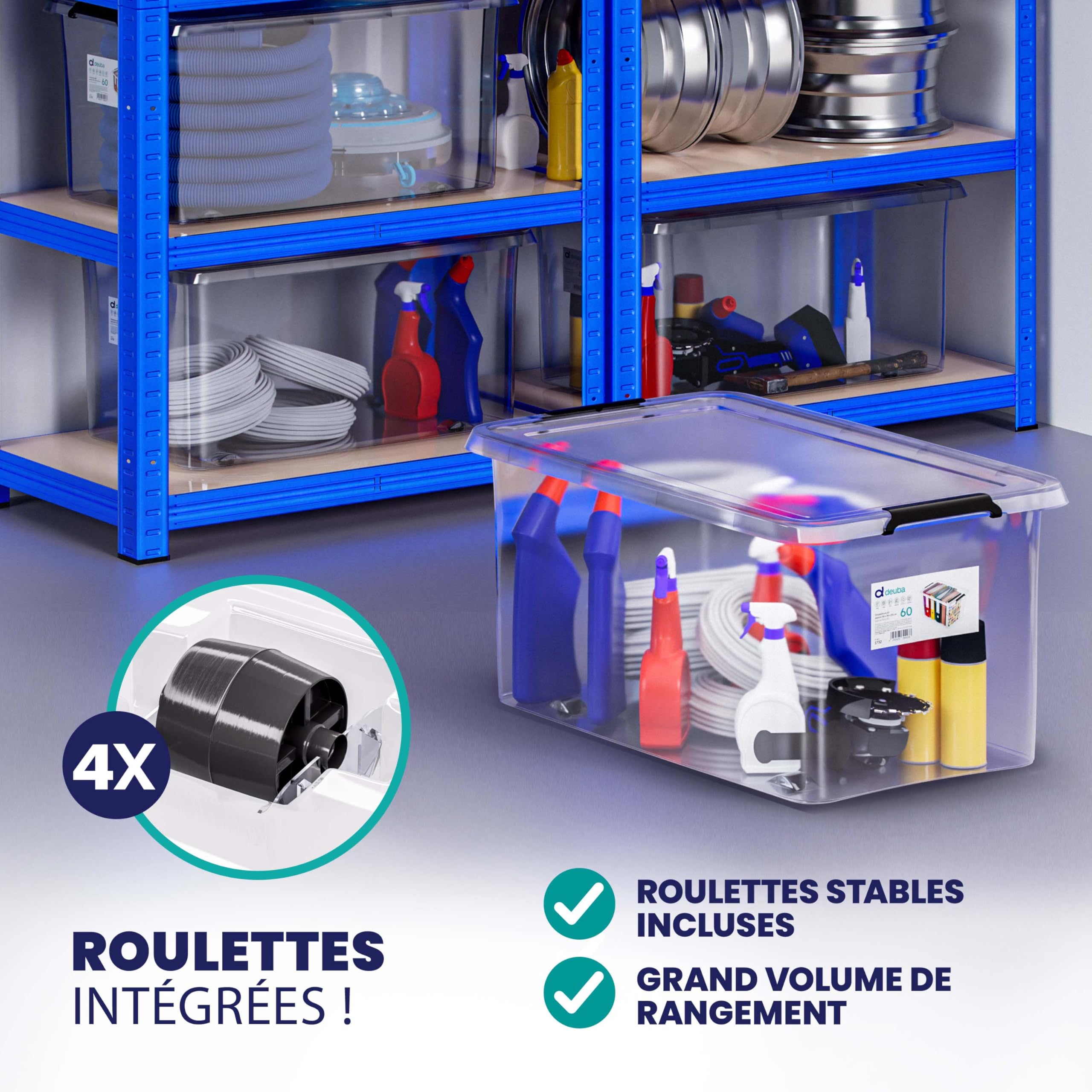 Deuba® 4X Boîte de Rangement 60L en Plastique Transparent empilable sans BPA Gain de Place Caisse de Rangement roulettes