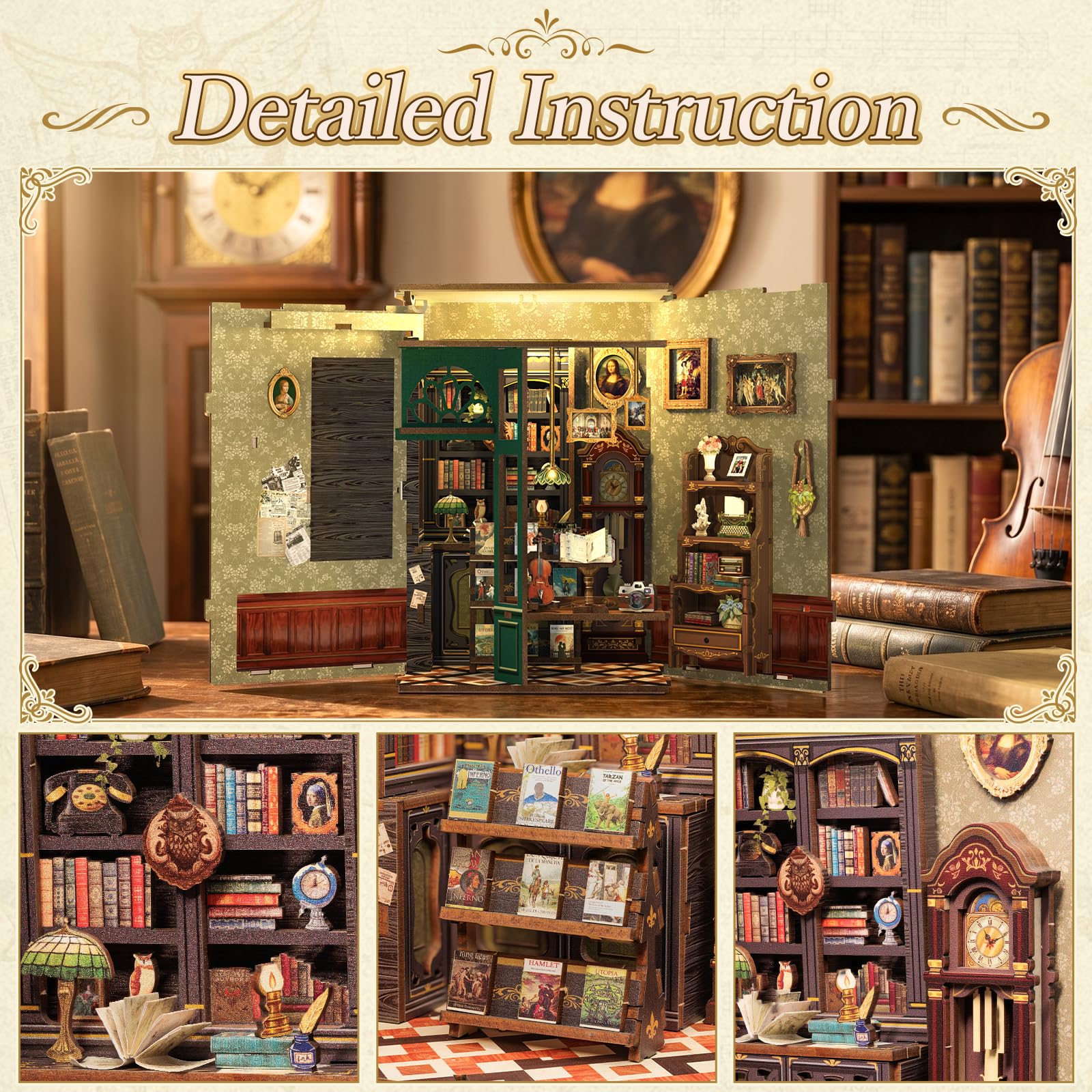 Fsolis Book Nook DIY - Miniatura in Legno Casa delle Bambole, Inserto per Libreria, Decorazione Creativa Biblioteca, Modello Costruibile & Regalo Originale(Owl Bookstore)