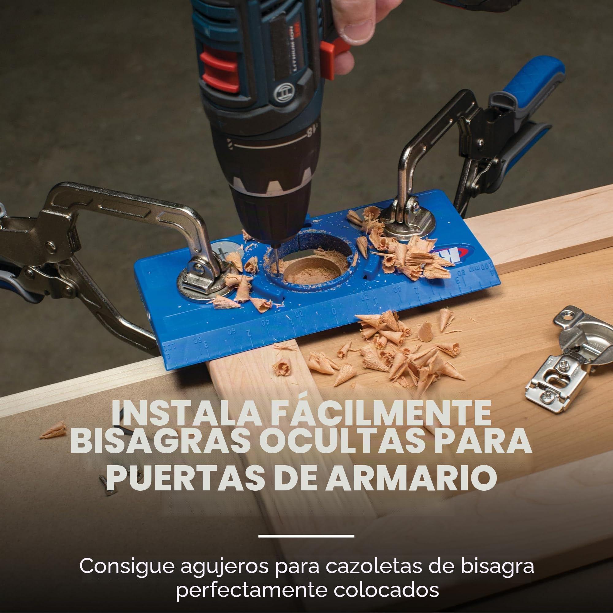 Plantilla para bisagras ocultas Kreg, para bisagras de 35 mm ocultas, Desplazamiento ajustable de la bisagra (3–6 mm), Incluye broca de carburo de tungsteno de 35 mm y tope de profundidad