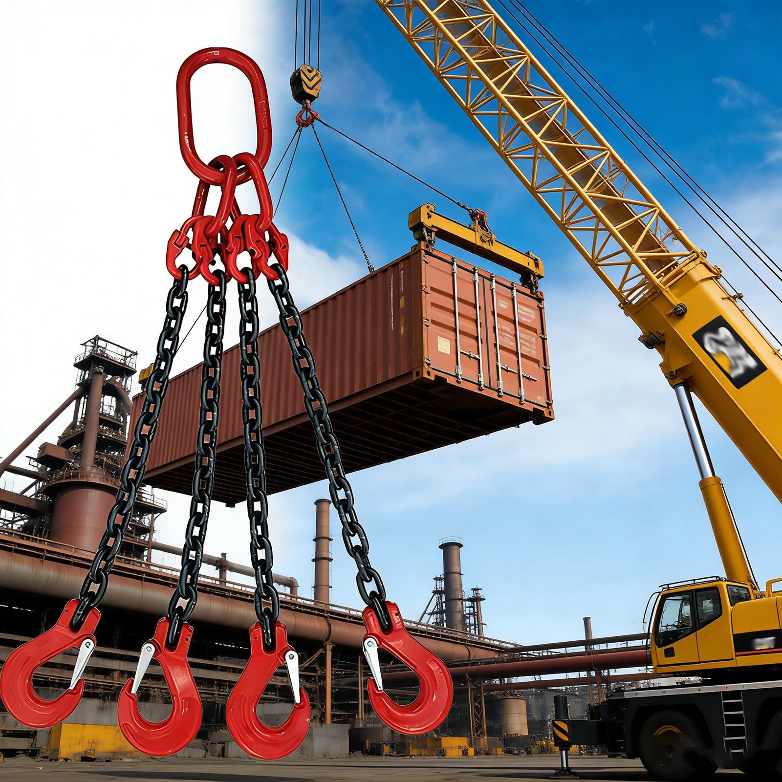 Generico Imbracatura a Catena a 4 Bracci per impieghi gravosi, Catene di Sollevamento in Acciaio al Manganese G80 per movimentazione Materiali, capacità 11 t, 6,6 Piedi (2 m) - Ideale per Uso in fabb