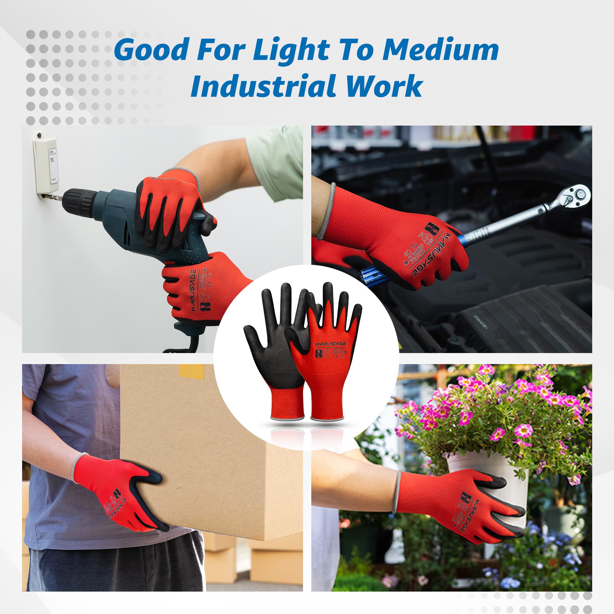 Manusage Guantes de trabajo con revestimiento de nitrilo de microespuma, 3 pares, guantes de nailon de punto sin costuras para hombres y mujeres, pantalla táctil, ligeros, cómodos, color rojo, talla M