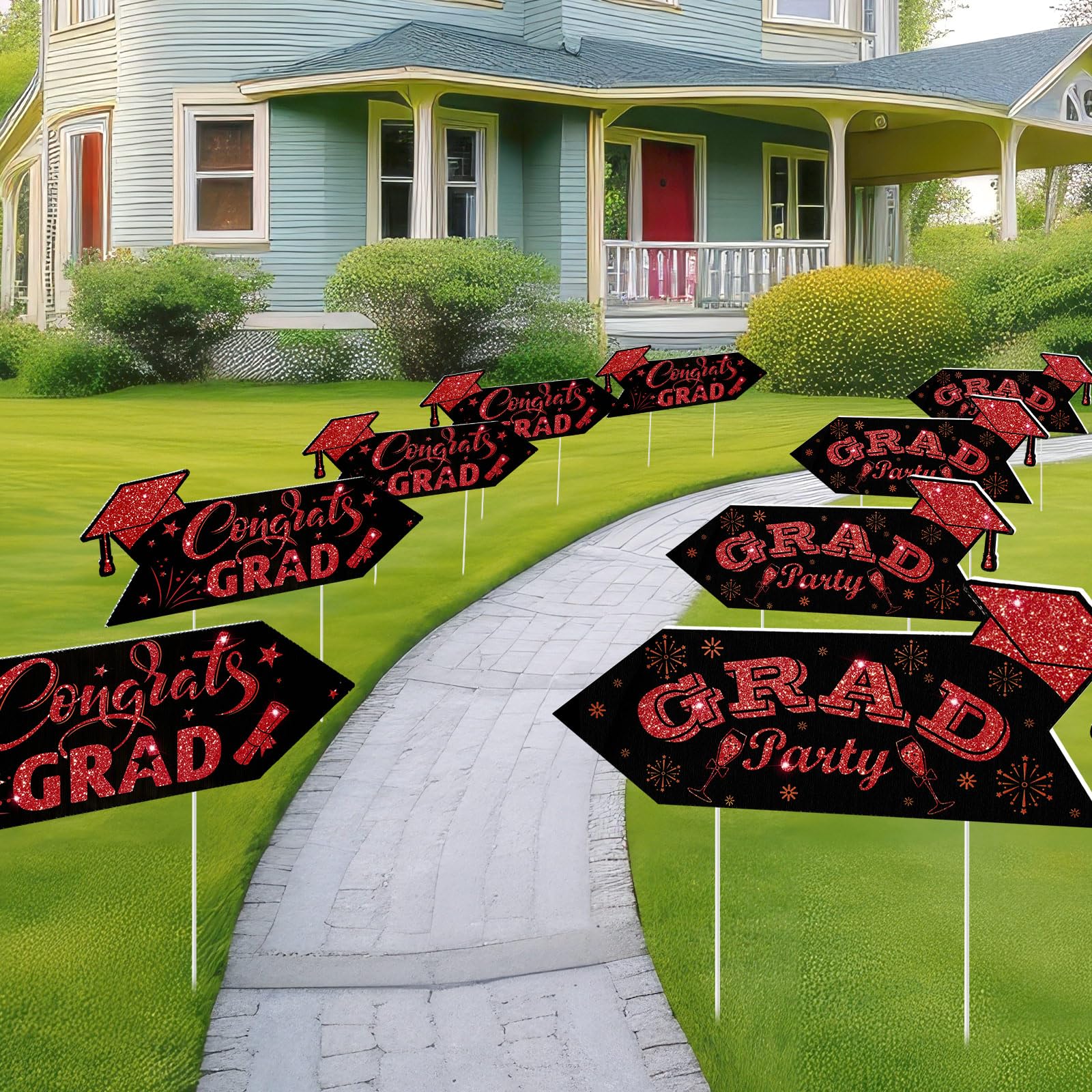 Photo 1 of Landical 8 Pack 2026 Graduation Party This Way Yard Sign Arrow 17 x 6 Inch Double Sided Printed Directional Yard Sign with Stakes Black Graduate Party for Outdoor Graduation Supply(Red)