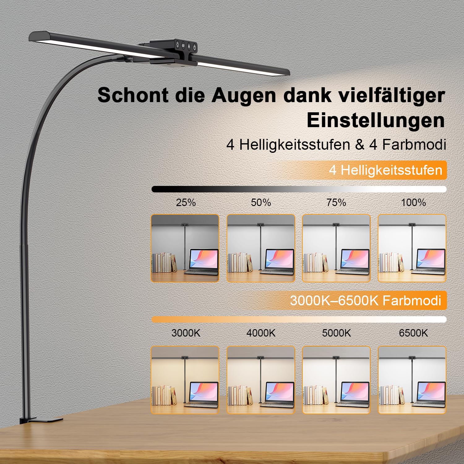 KableRika Lámpara de Escritorio LED Doble Cabeza 24W 80cm Negra | 1200 Lúmenes, Brazo Flexible con Pinza, 4 Temperaturas y 4 Niveles de Luminosidad, Protección Ocular, Teletrabajo y Pantallas