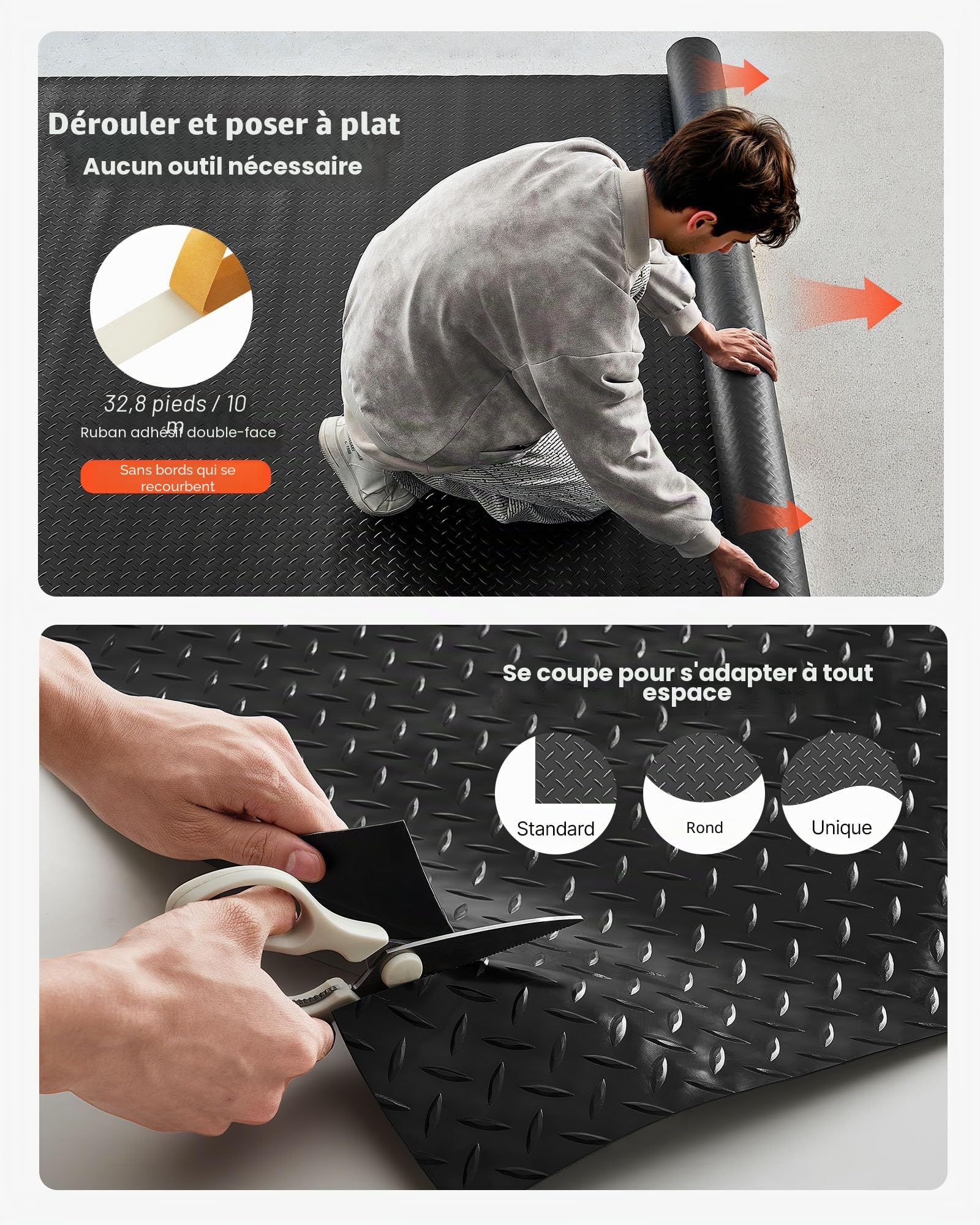 VEVOR Tapis Sol Garage 1,2 x 3,05 m Rouleau Revêtement de Sol Garage en PVC Antidérapant Épaisseur à Motif 2,2 mm avec Ruban Adhésif Double Face pour Garages Ateliers Entrepôts Salles de Sport, Noir