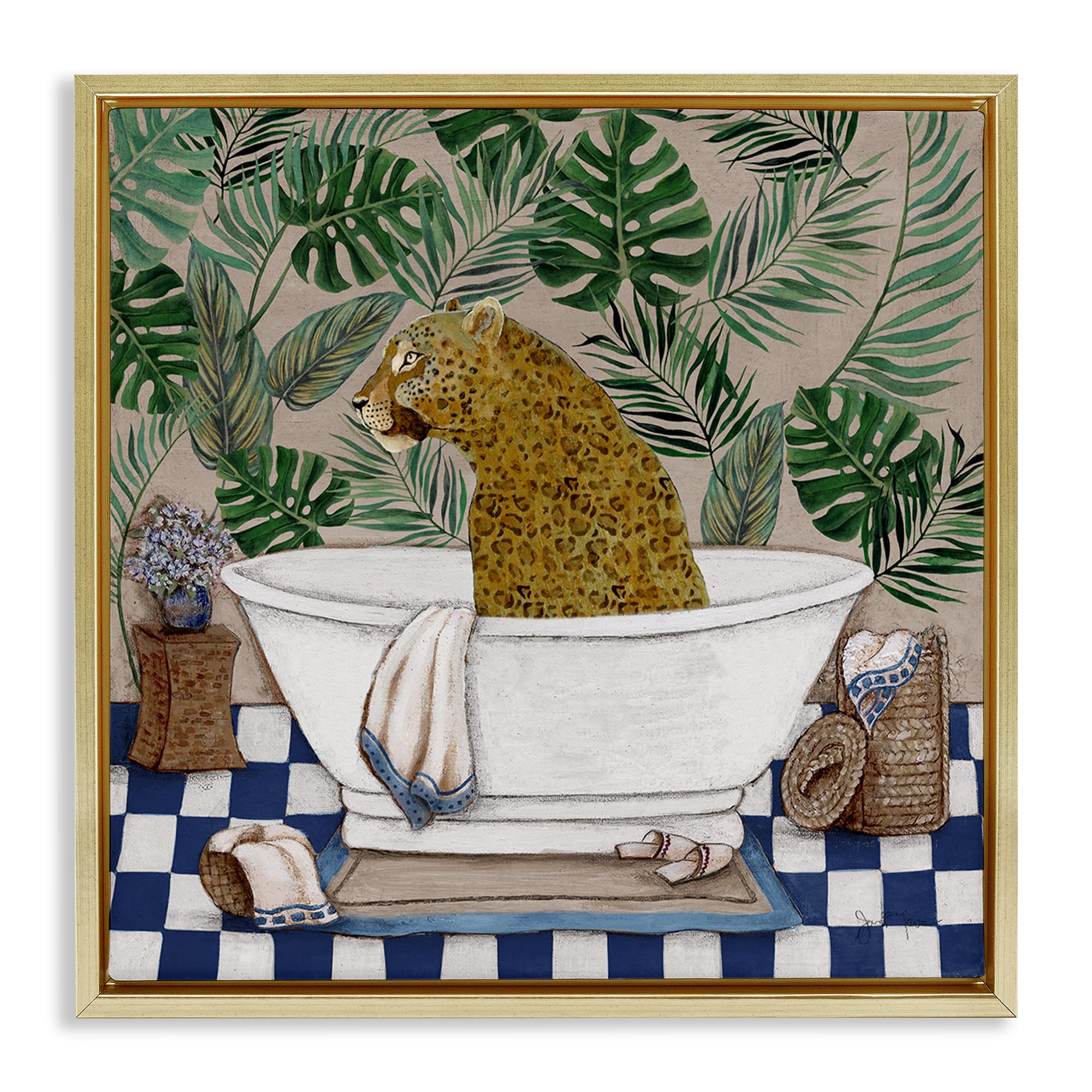 Stupell Industries Metallic Gold (Matte) 'Leopard In Tropical Bathtub'| Floating Frame Canvas Art