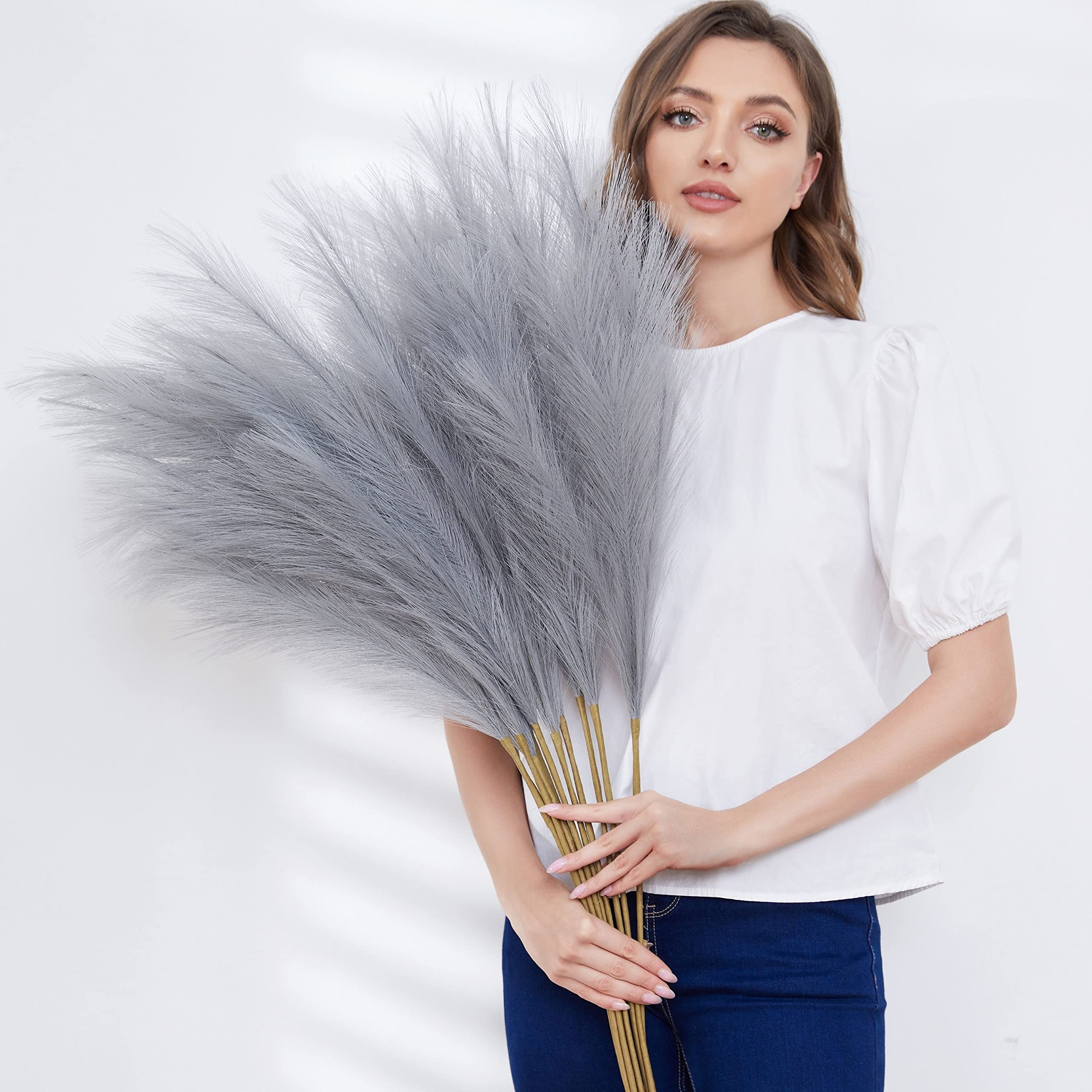 Qubitful Faux Pampas Grass, Set of 9 Stems 37'' Tall Fluffy Fake Pompas Floral, Large Artificial Pompous Branches for Floor Vase Fillers, Pompas Decorativas, Boho Farmhouse Wedding Home Decor(Grey) โ image 1