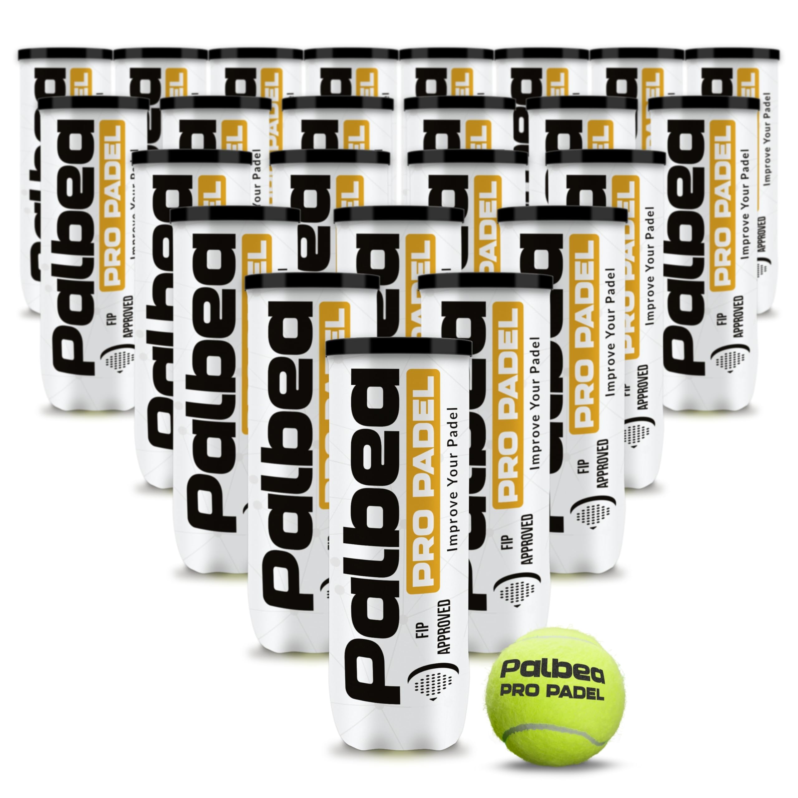 Palbea PRO Padel - FIP Approved Padel Balls - 1 Carton x 24 Tubes - Paddle Balls with High Visibility HV Felt. Premium Quality. Ideal for Training and Tournaments. Pressurized, Durable, and Fast.
