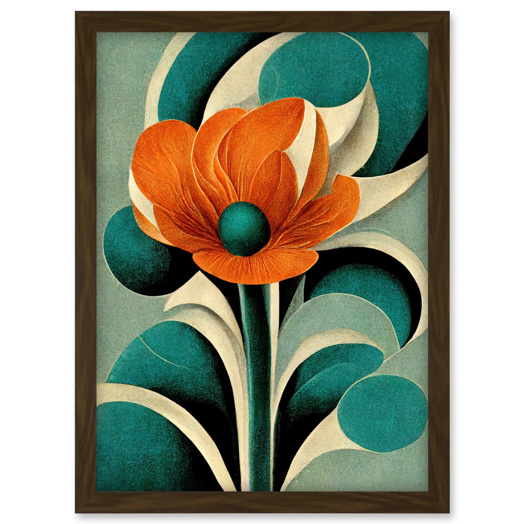 Doppelganger33 LTD Art Deco Poppy Flower Teal Orange Cream Artwork Framed A3 Wall Art Print
