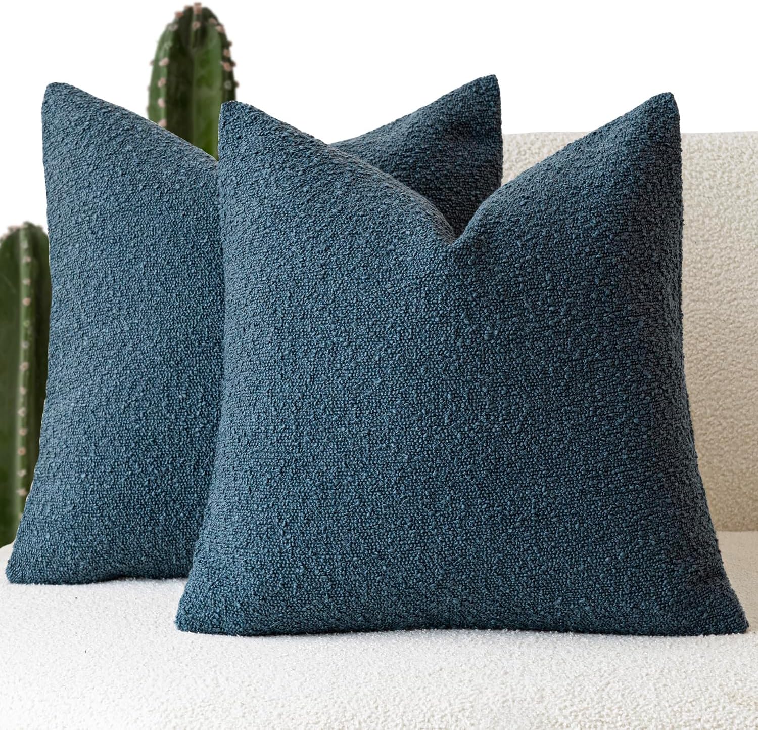 Foindtower Pack of 2 Modern Textured Boucle Throw Pillow Covers Accent Solid Decorative Pillow Cases Cozy Woven Couch Cushion Case for Chair Sofa Bedroom Living Room Home Decor, 18 x 18 Inch,Blue