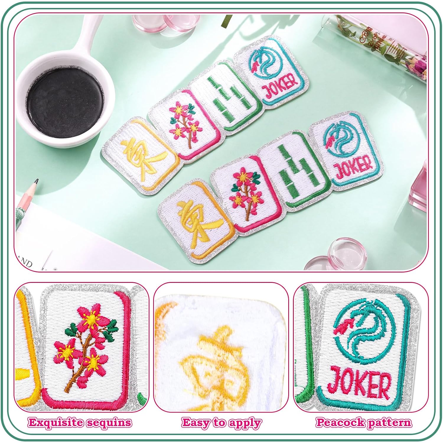 2 Pcs Mahjong Embroidered Patches Set, Tile Cards Iron on Patches