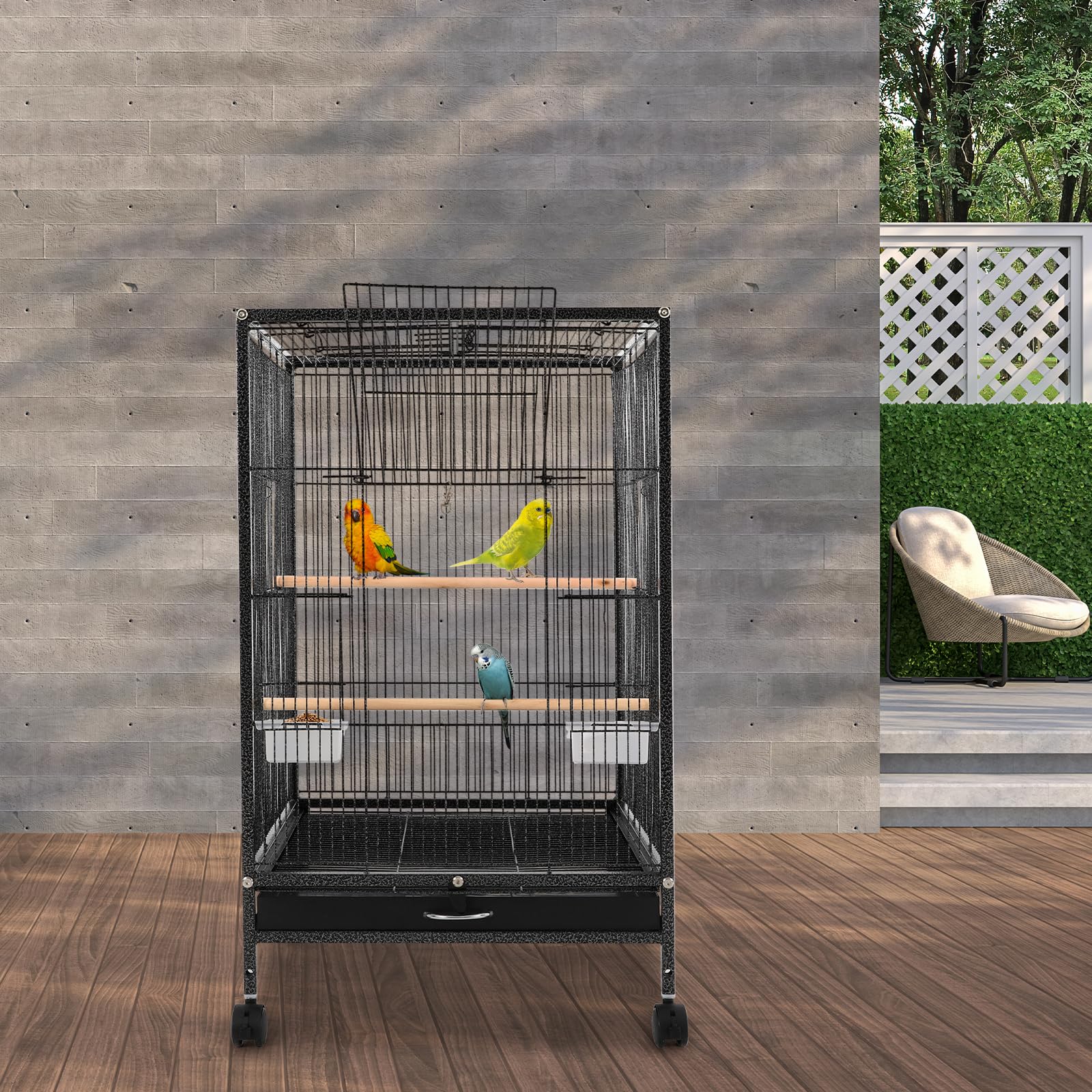 Gabbia per uccelli, grande, per interni, per pappagalli, in metallo, con ruote di trasporto, apertura verso l'alto, 46 x 46 x 94 cm, gabbia per pappagalli con 3 posatoi, ciotola per mangiatoia