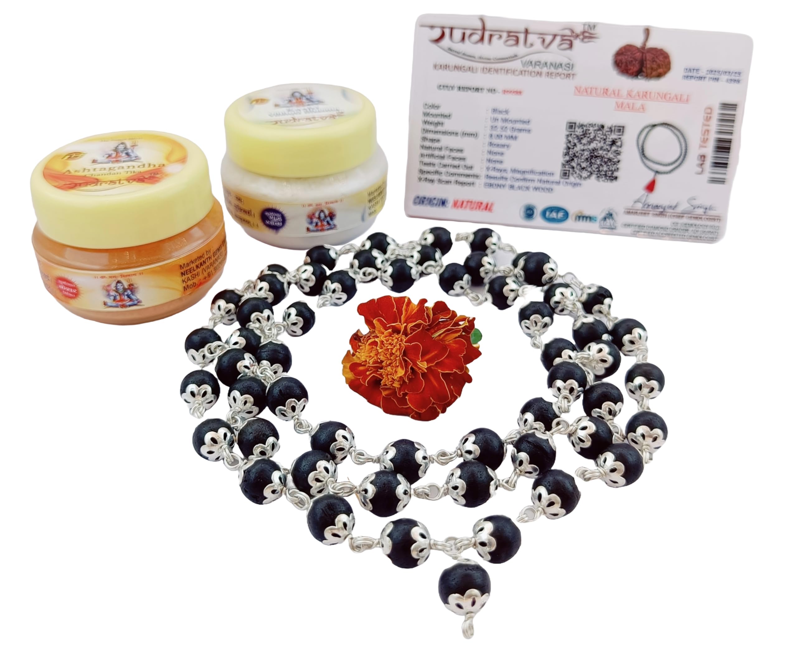Rudratva 100% Natural Unpolished Karungali Malai Crafted with German Silver | Original 8mm Ebony Wood 54+1 Beads - with 2 Lab Certification | For Pooja, Jaap - கருங்காலி மாலை | with Pure Chandan & Bhasma-picture-32