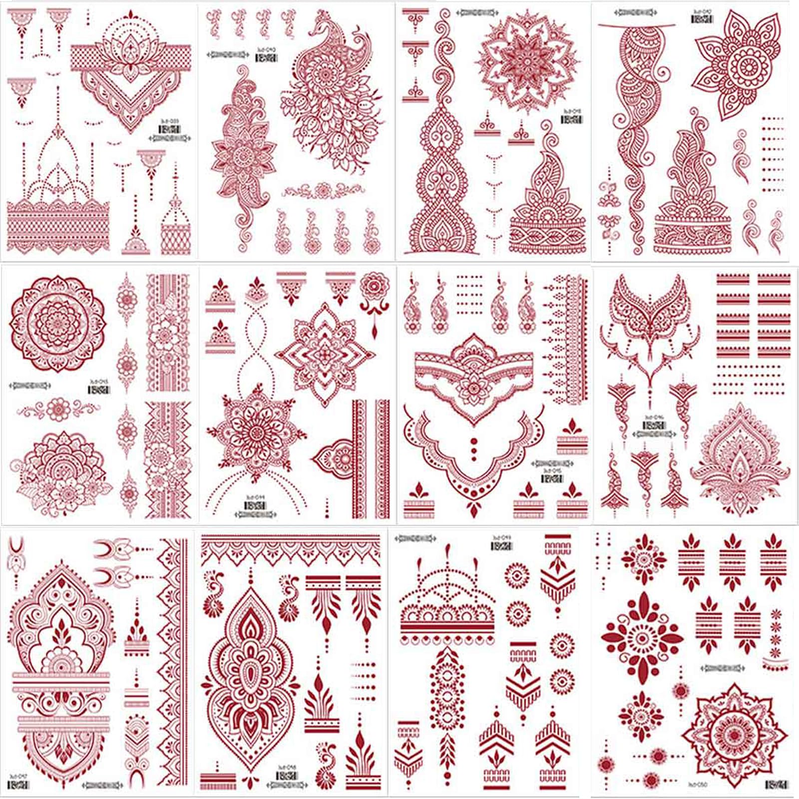 Photo 1 of 12 Sheets Red Henna Tattoo Kit, Waterproof Henna Tattoos Stickers for Women Wedding Party Festival Decorations 736
