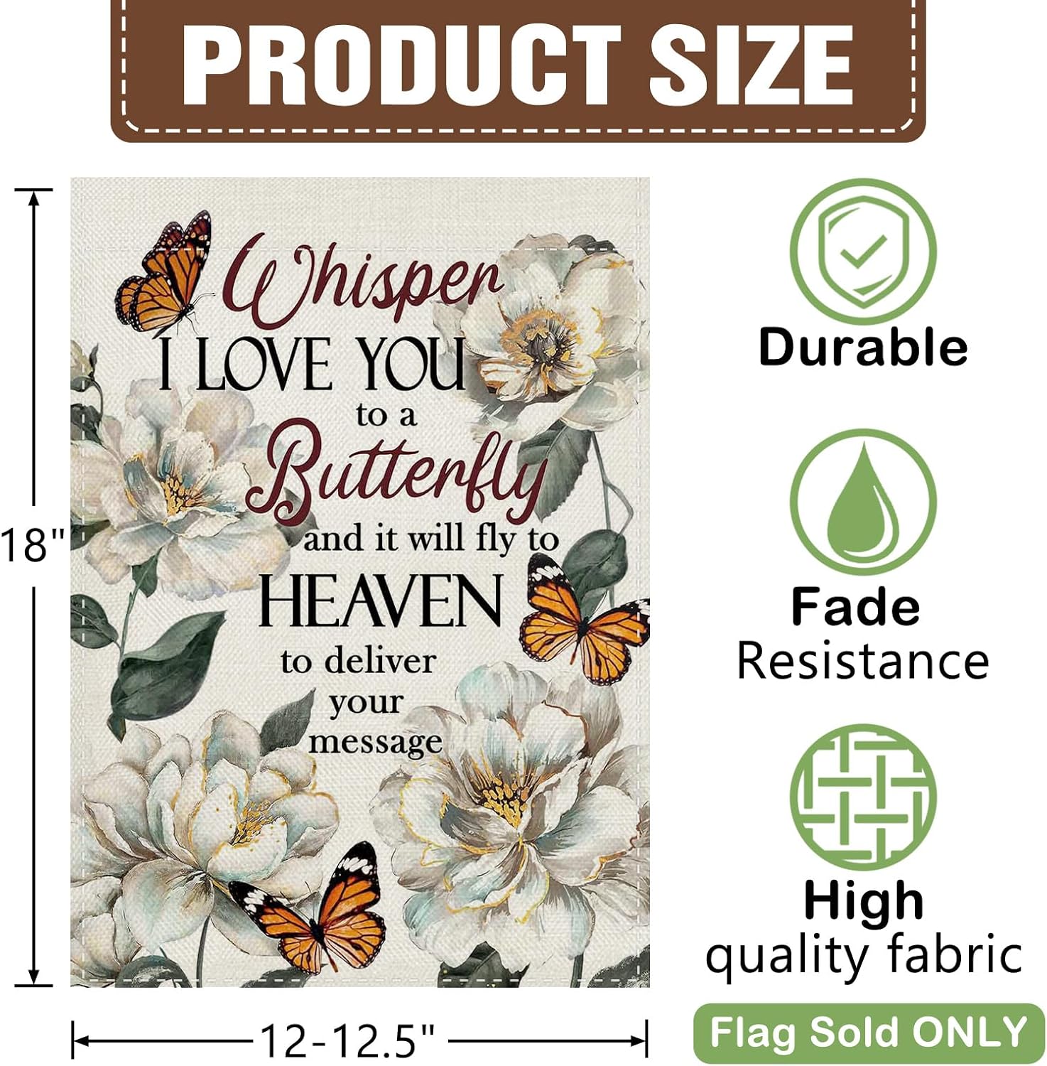 Dyrenson White Peony Flower Memorial Decorative Garden Flag, Whisper I Love You to a Butterfly Yard Outside Home Decorations, Floral Burlap Cemetery Outdoor Small Decor Double Sided 12 x 18 - Image 2