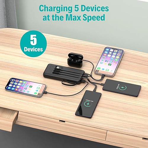 Miniatura 4 de Cargador portátil con cables integrados, cargador de batería USB C delgado de 10000 mAh, 5 salidas y 3 entradas, batería externa de alta velocidad,