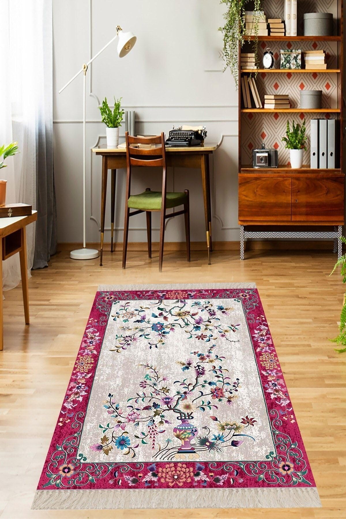 Pelangi Çiçek Desenli Etnik Dijital Baskı Yıkanabilir Kaymaz Taban Salon Halı Ve Yolluk, Bej-Fuşya 120 x 180