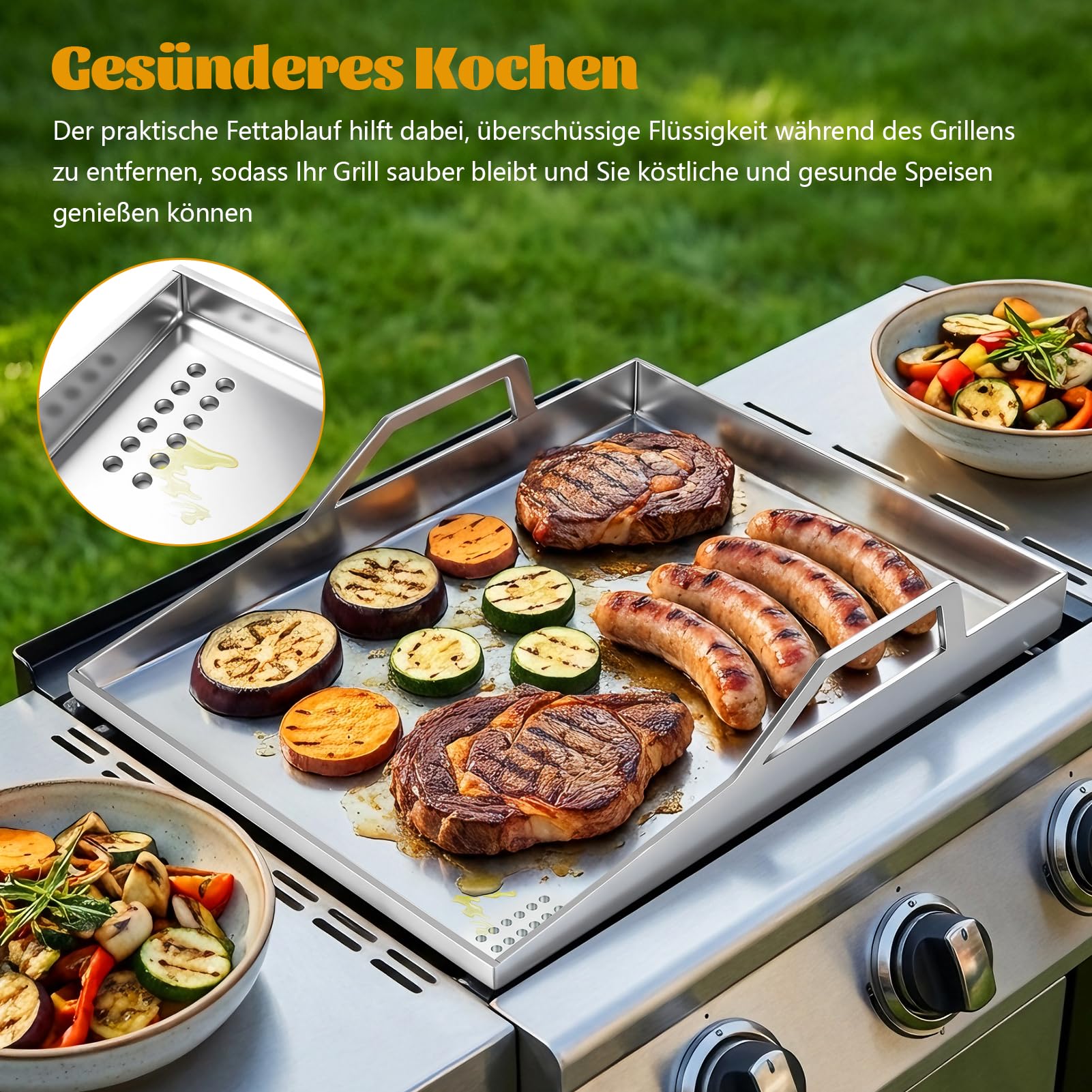 Edelstahl Grillplatte Plancha Universal 40x30 cm Gas Holzkohlegrill Anti-Stick | Grillschale für Kohle und Gasgrill Burger Spiegelei Grill Platte mit Deckel