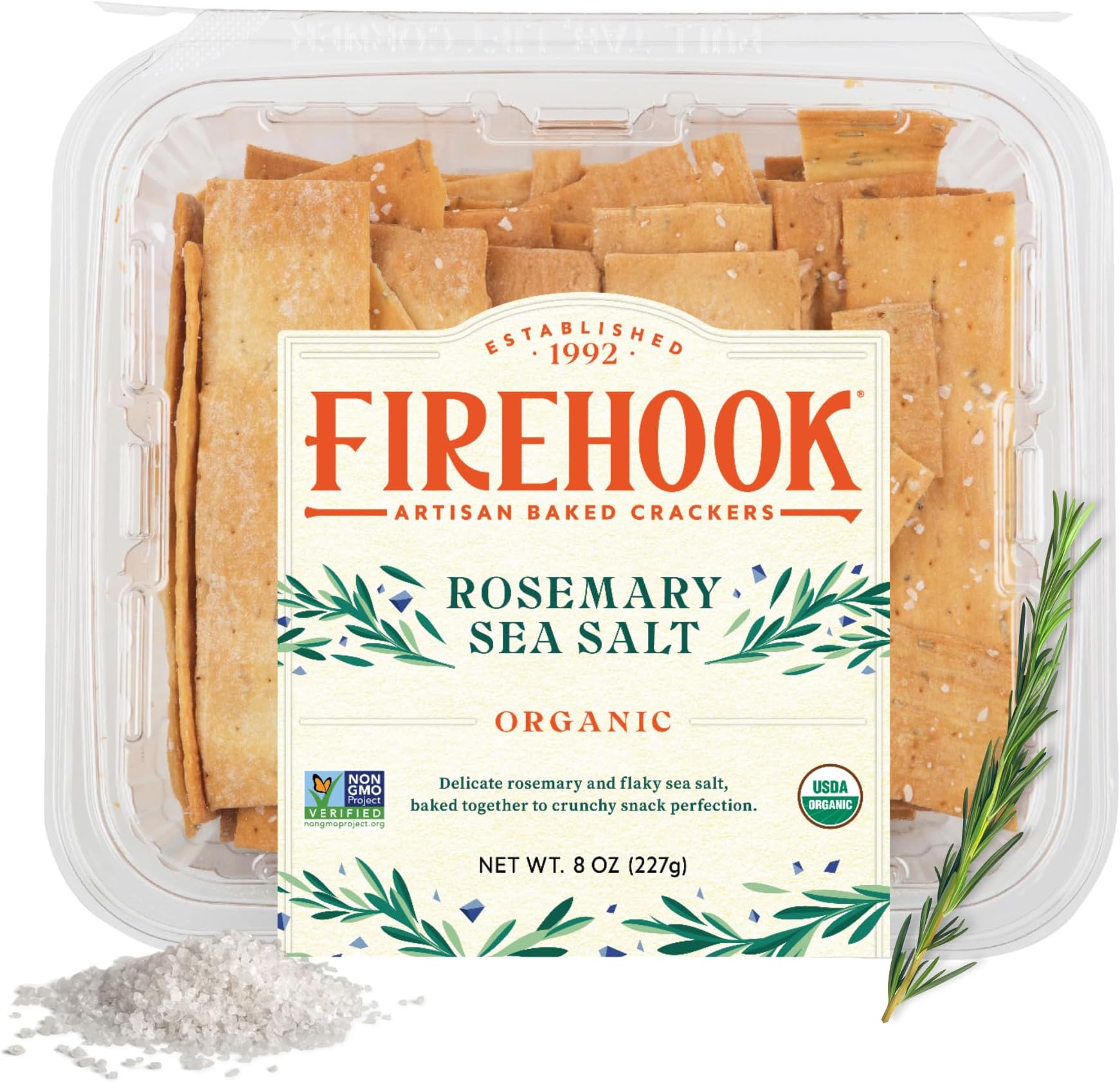 Rosemary Sea Salt Crackers – Artisan Baked, Craveably Crunchy – Organic, Non-GMO, Kosher – 8 oz Box