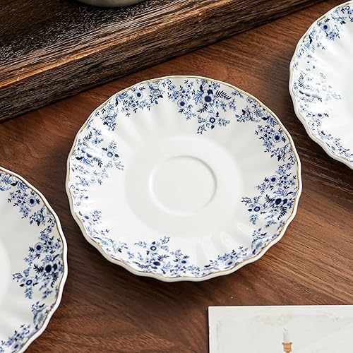 Miniatura 7 de Tazas y platillos de cerámica de 6 onzas, tazas de té florales para café, café con leche, café moca y té (pequeñas flores azules)