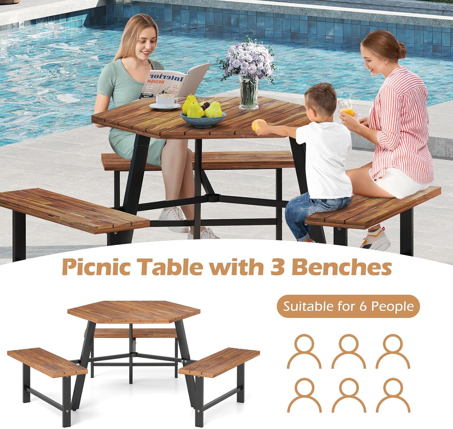 Giantex Picnic Table Bench Set for 6, Acacia Wood Outdoor Dining Table Set with 3 Seats, 1.97" Umbrella Hole, 1720 LBS Capacity, Heavy Duty Metal Frame, for Front Porch Patio Lawn Garden