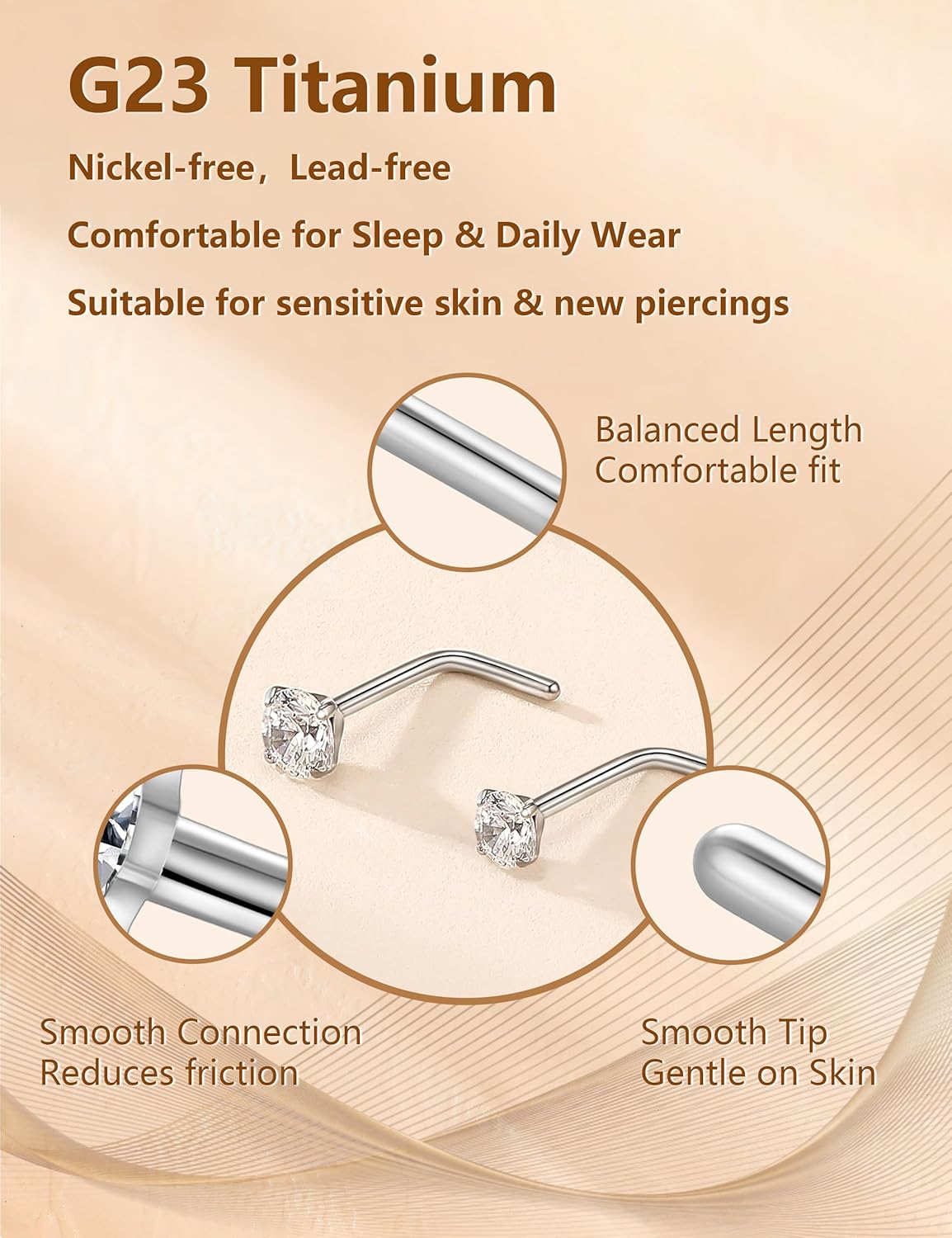 9 Pcs Titanium Nose Rings Studs Set, 20G Nose Studs for Women Men Sensitive Skin - L Shaped & Straight & Corkscrew Nose Rings for Women, 2mm-3mm Diamond CZ Nose Ring Stud, Nostril Nose Piercing Jewelry - Image 5