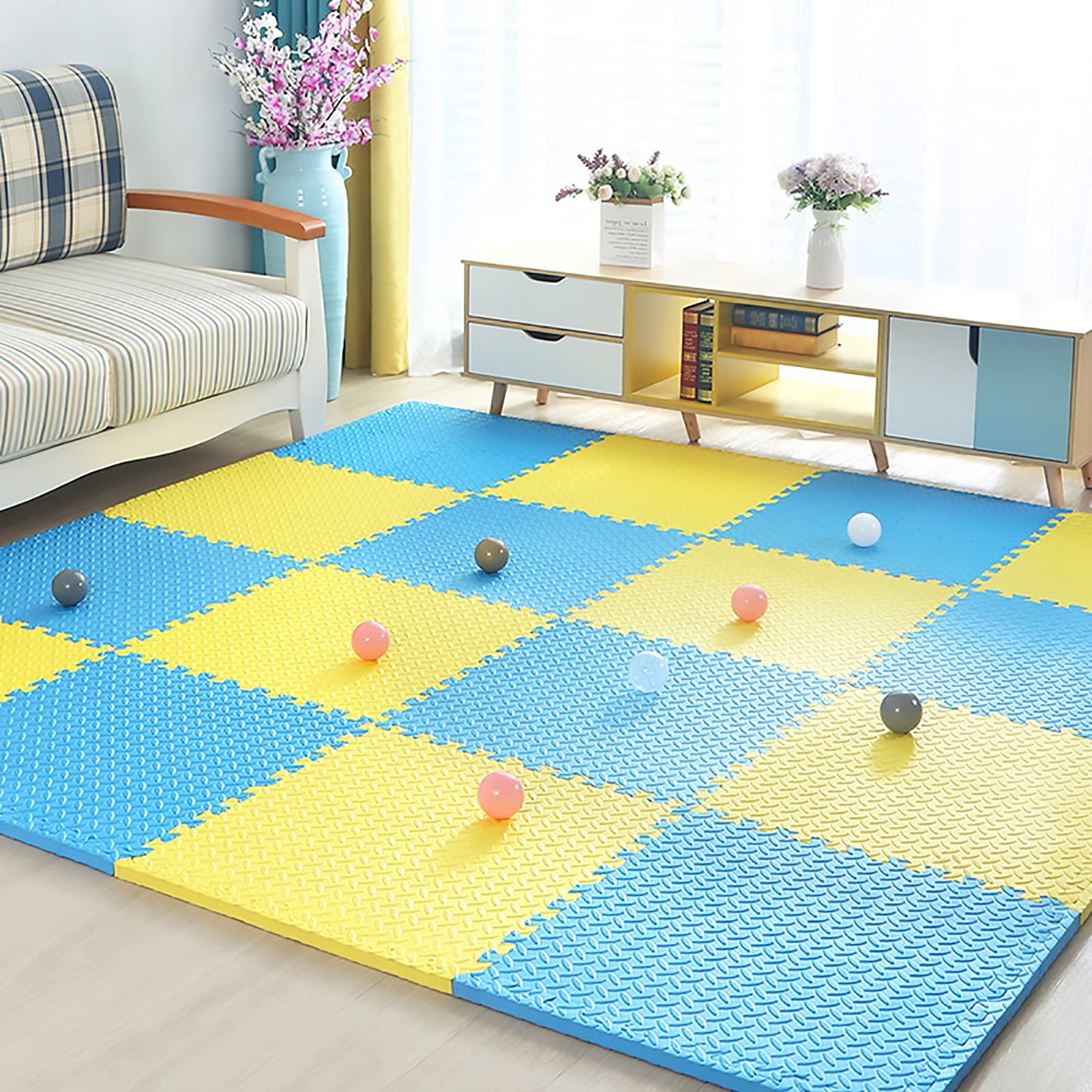 JLCP Baby Foam Play Puzzle Mats, Soft Floor Tiles Kids Foam Play Mats, Interlocking Mat 60X60x2cm Non-Slip Waterproof Crawling Mat Kids Rug Activitys Games Toys,Blue+Yellow,8pcs
