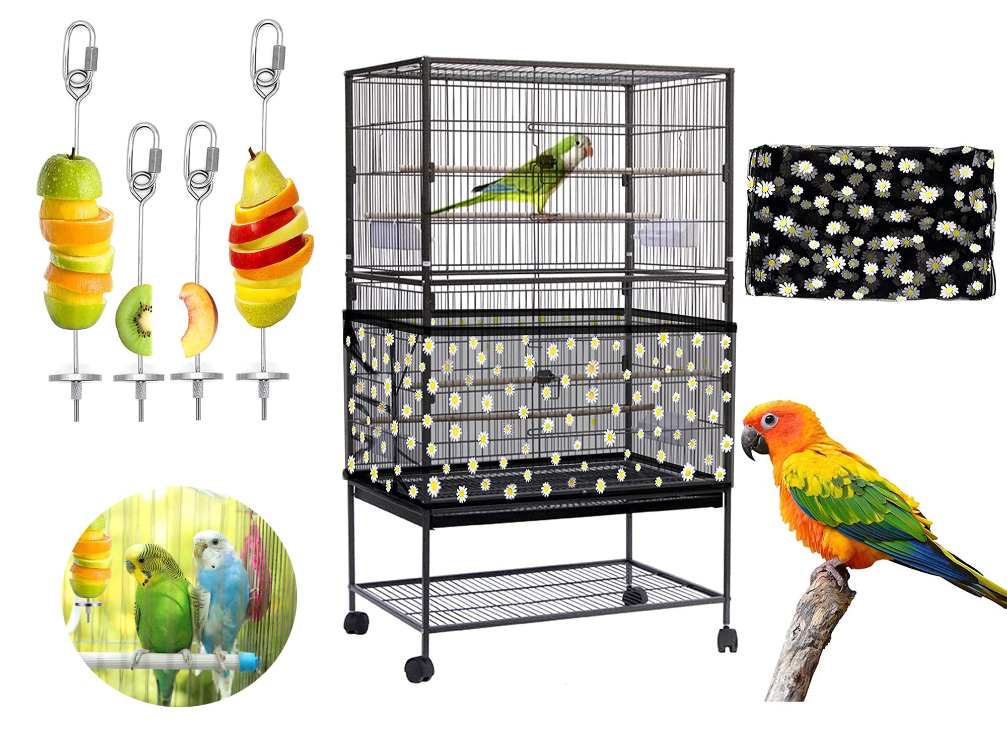 Neko-Baby Bird cage Cover with 4Pcs Bird Feeder for Cage,BBC Set-Black Flower