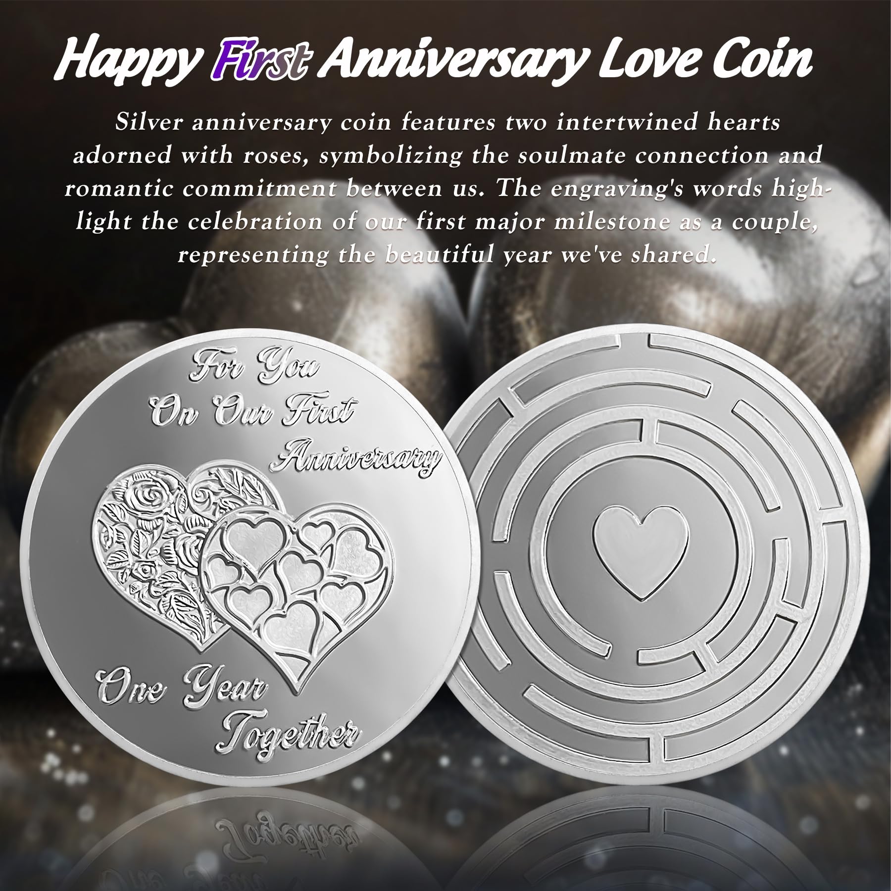Amazon.co.jp: Happy First Anniversary Love Coin -  インスピレーションを与えるシルバーラビリンスウェディングトークン記念ギフト 年ごとの記念ギフト - ロマンティックダブルハートギフト 男性 女性 夫  妻 ボーイフレンド ガールフレンド カップル : ...