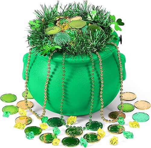 Juego de 307 hervidores de caldero de caramelo negro del día de San Patricio con asa moneda de duende de trébol collar de trébol de gemas doradas y