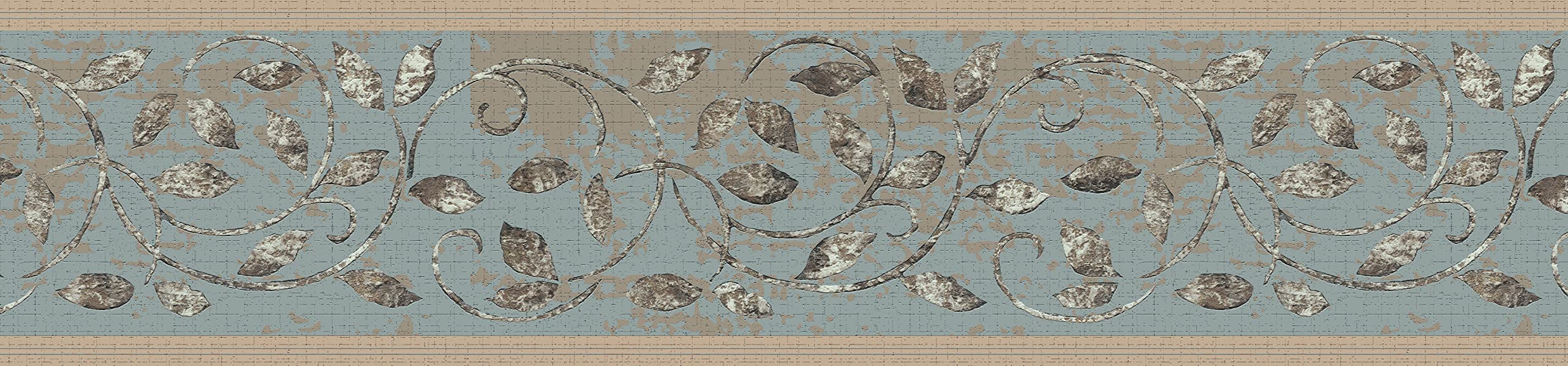 Dundee Deco DDAZBD9085 Behangrand verwijderen en opplakken - damast goud, bruin, grijze rollen, bladeren muurrand retro design, 4,57 m x 17,78 cm, zelfklevend