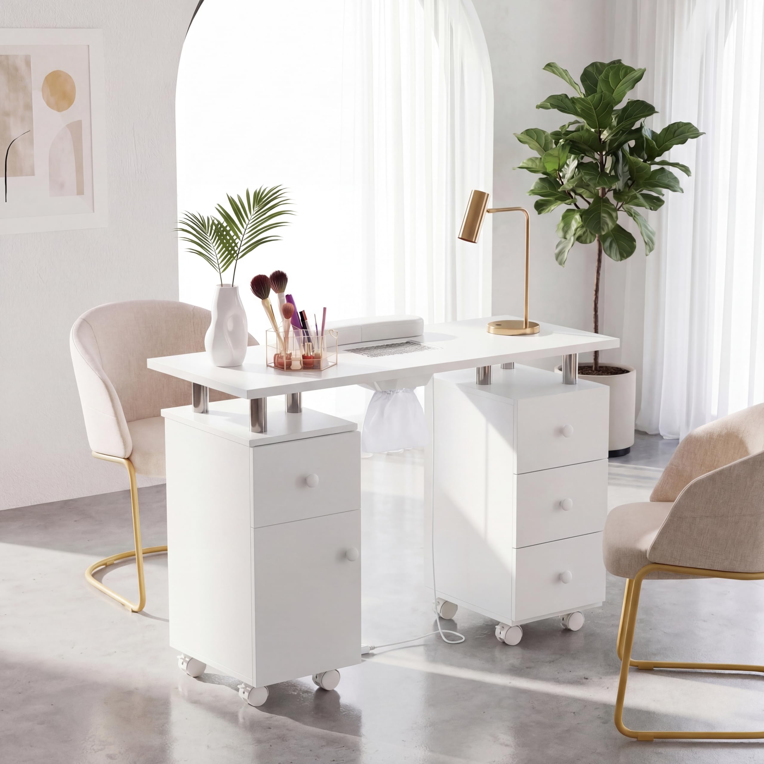 RELAX4LIFE Nageltisch, Manikürtisch mit Staubabsaugung, Handauflage & 3 Staubbeuteln, Nagel Tisch mit Schrank & 4 Schubladen, Maniküretisch mit abschließen Rollen für Nagelstudio & Maniküre (Weiß)