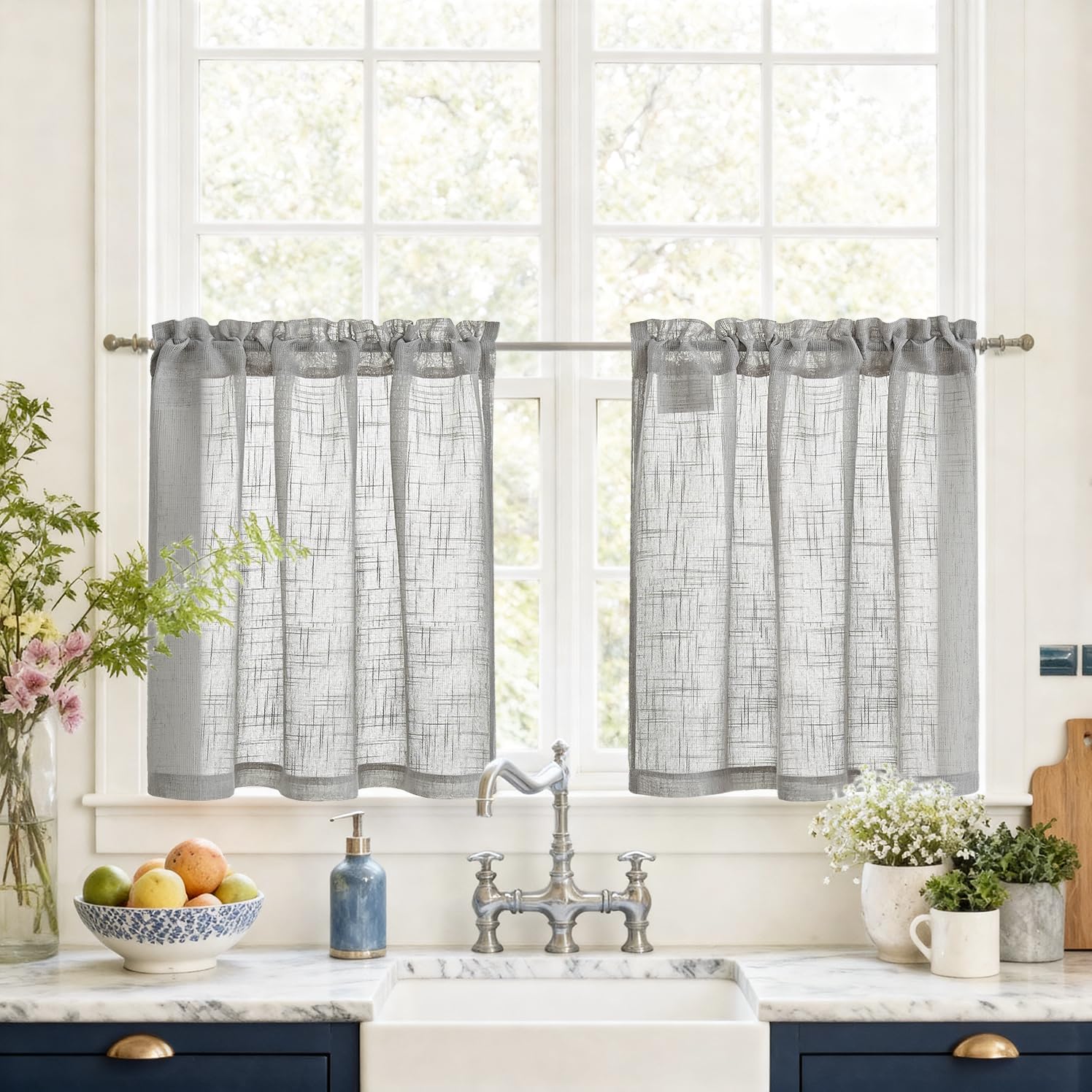 Visillos para cocina de 65 x 60 cm con barra, cortinas cortas grises modernas