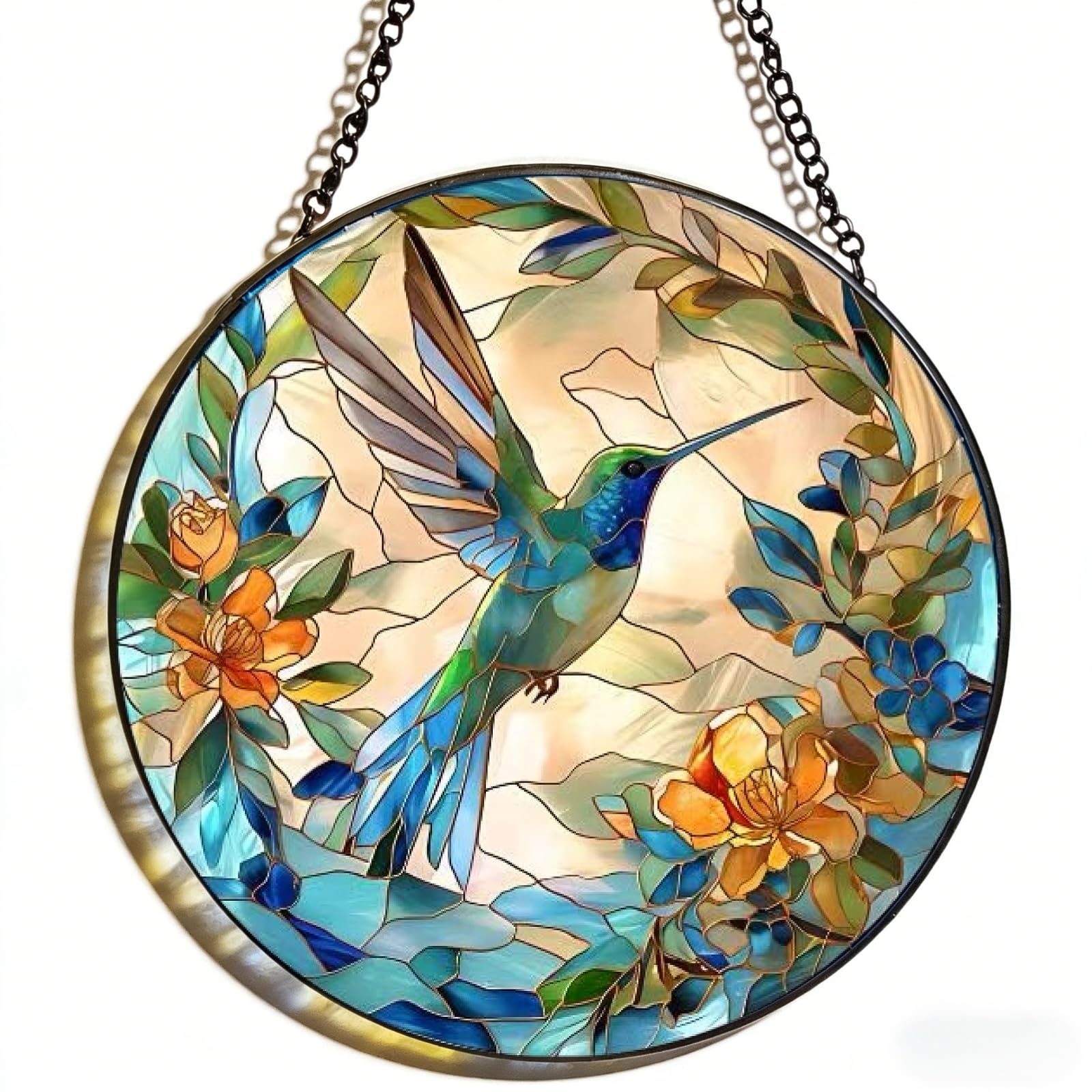 Stained Glass Window Hanging,Hummingbird Suncatcher with Flowers, Handmade Sun Catchers for Windows - Vibrant Garden Decor, Gift for Bird Lovers, Mom, Housewarming(8in)