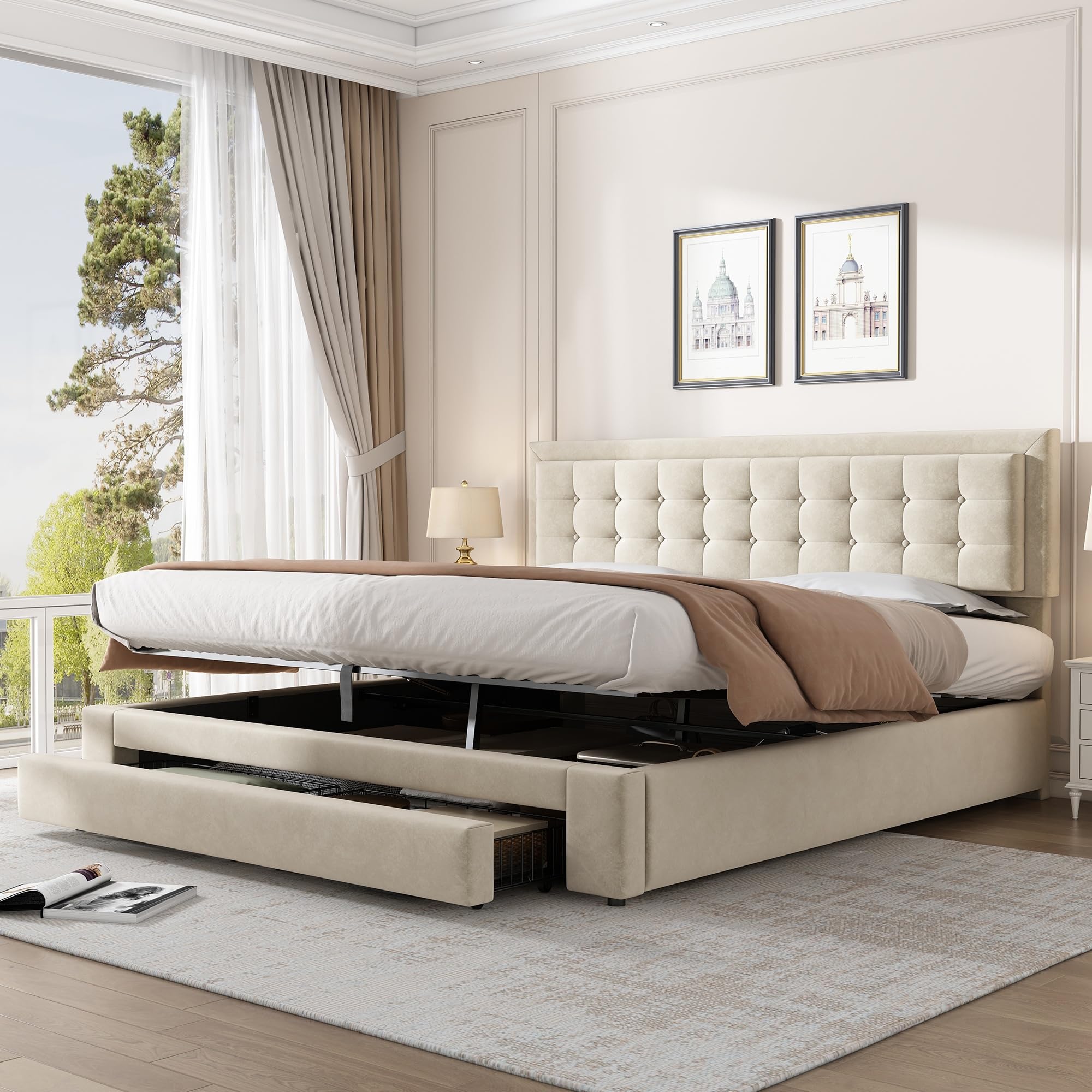 Rtopsu Letto Imbottito Letto Matrimoniale 160x200 cm, Letti con Contenitore e Cassetti, Struttura del Letti con Rete a Doghe in Legno e Telaio Idraulico in Metallo, Velluto, Beige, Senza Materasso