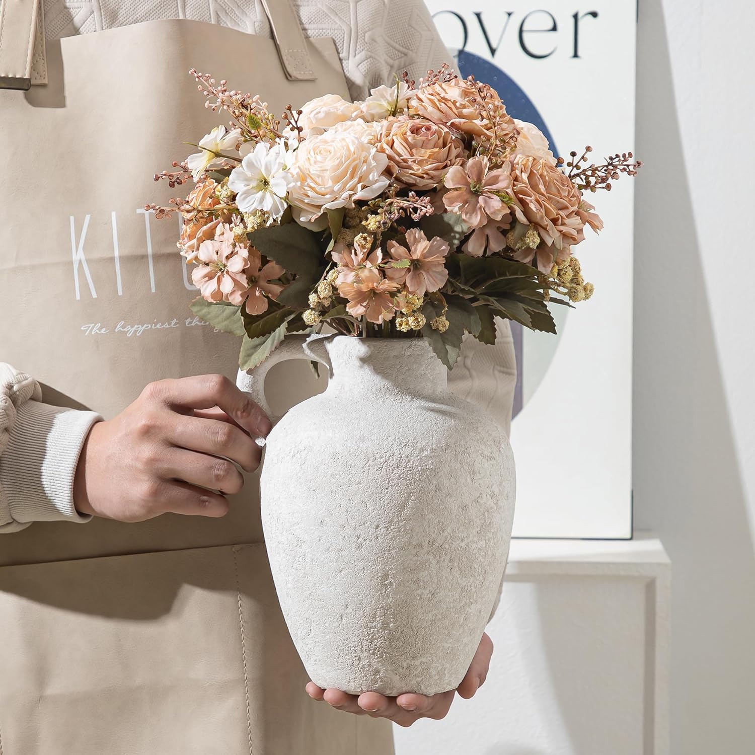 Ceramic Rustic Farmhouse Vase,8.85 Inch White Ceramic Decorative Flower for Home Decor Table Living Room Kitchen Bedroom Shelf Mantel Wedding Centerpiece Holiday & Wedding