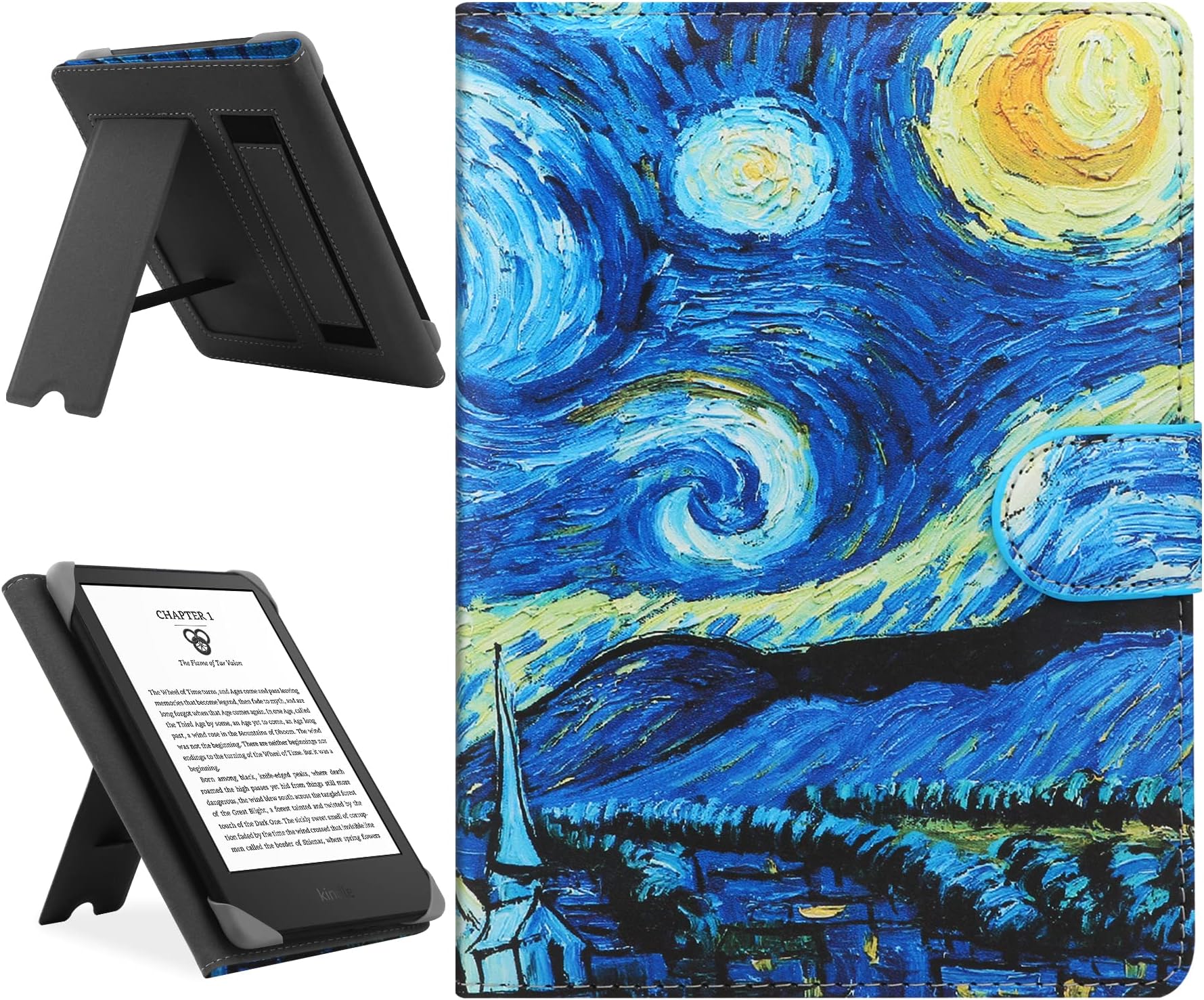 Universal Case Compatible with 6.8" Kindle Paperwhite/6" All-new Kindle 2022&2019/Kobo Clara HD/Kobo Clara 2E Leather Stand Cover for 6-6.8'' PocketBook/Tolino/Sony E-Book Reader, Starry Night