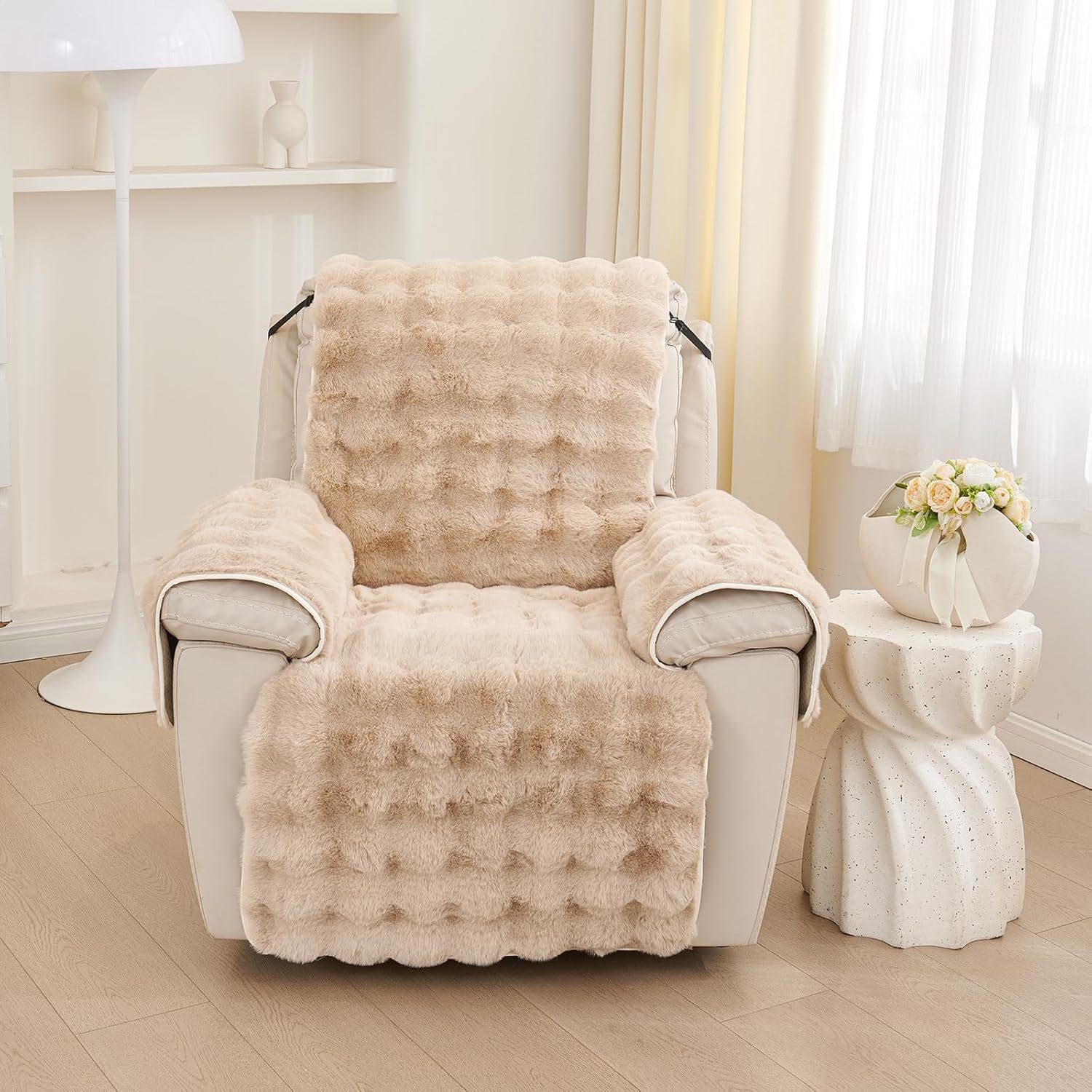 DREAMINGO Faux Fur Recliner Cover Fluffy Reclining Chair Slipcover for Dogs Washable Non Slip Couch Protector for Pets Plush Sofa Cover 1 Seat with Elastic Straps, Khaki