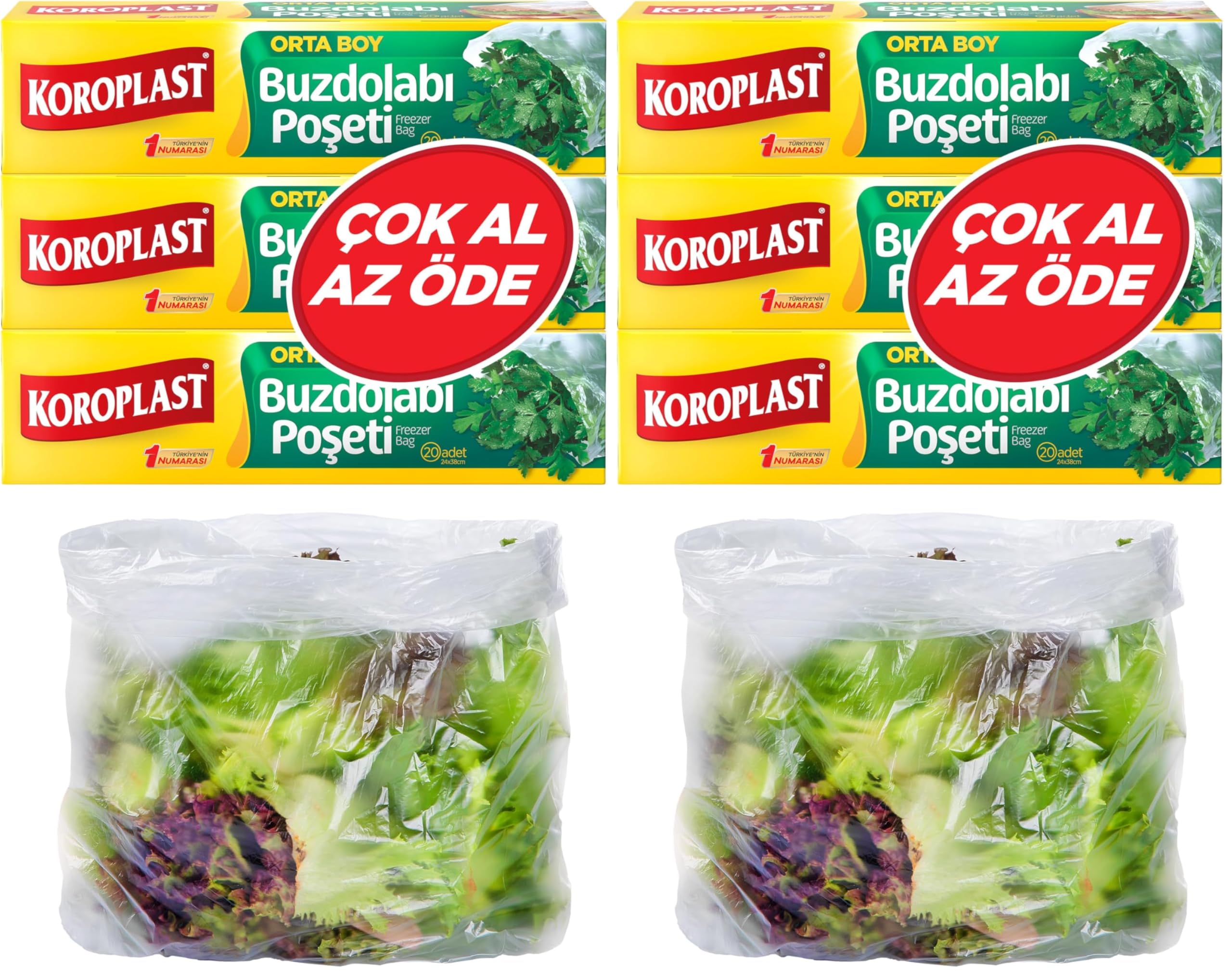 Koroplast 3'lü Çok Al Az Öde Orta Boy 60'lı Buzdolabı Poşeti (3 x 20 Adet) 2li paket