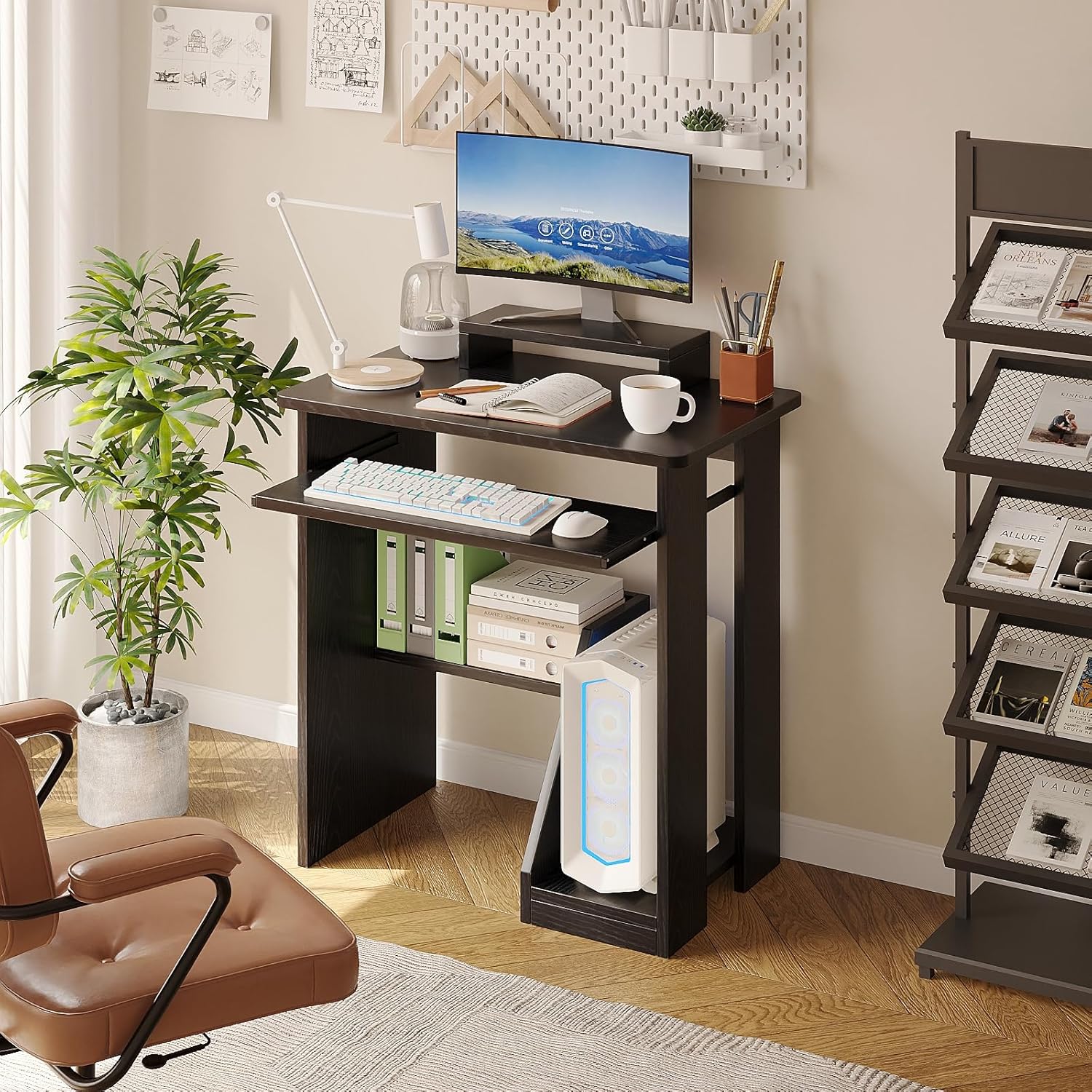 30" Small Computer Desk with Keyboard Tray Monitor Stand, Study Writing Desk with Storage Shelves, Modern Workstation for Small Spaces, Save Space, Black