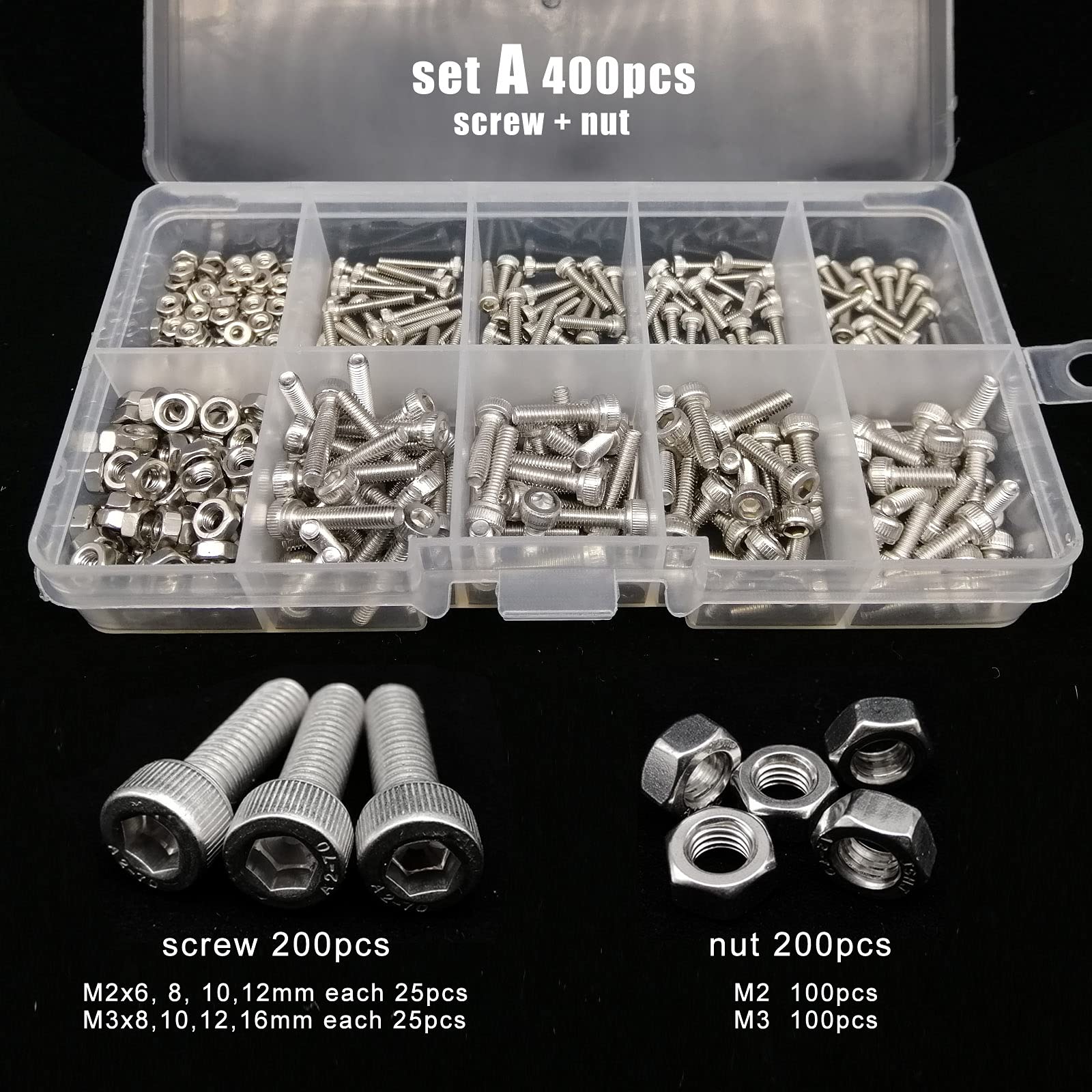viti interne esagonali, Totale 400/650/1140/2100X M1.6 M2 M2.5 M3 M4 M5 304 in acciaio inossidabile con esagono incassato, vite con esagono incassato, set di dadi, kit assortimento(Set C 1140pcs)
