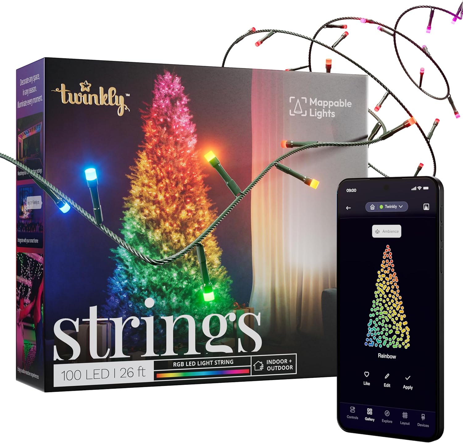 Twinkly Strings 100 LED RGB, LED Light String for in- and Outdoor, Smart LED Lights, Mappable LEDs, Compatible with Alexa and Google Home, IP44, Controlled by App, Green Wire, 8m