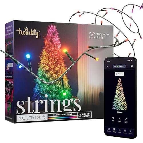 Twinkly Strings 100 LED RGB, LED Light String for in- and Outdoor, Smart LED Lights, Mappable LEDs, Compatible with Alexa and Google Home, IP44, Controlled by App, Green Wire, 8m